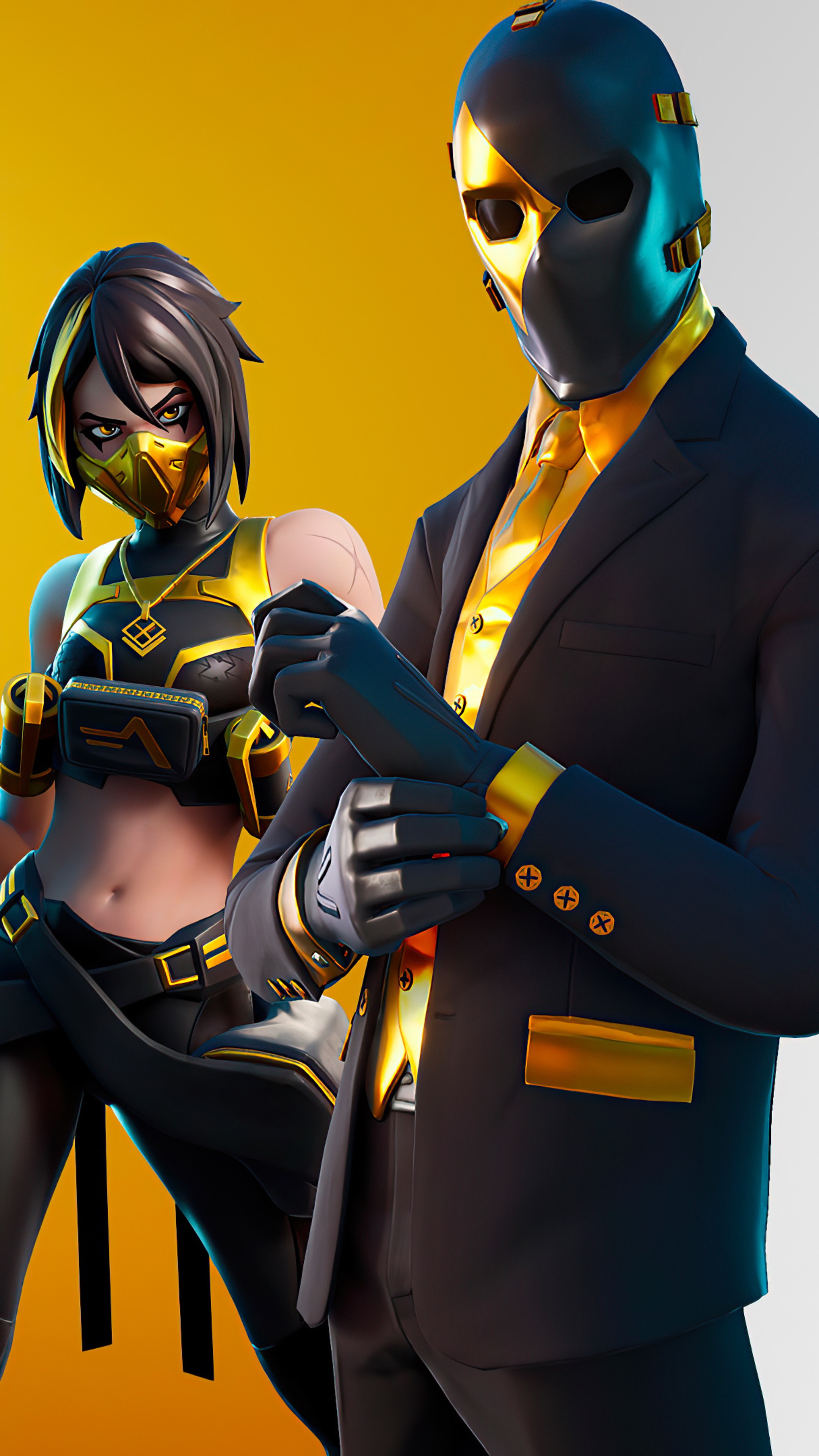 Fortnite characters in black and gold suits HD Phone Wallpaper