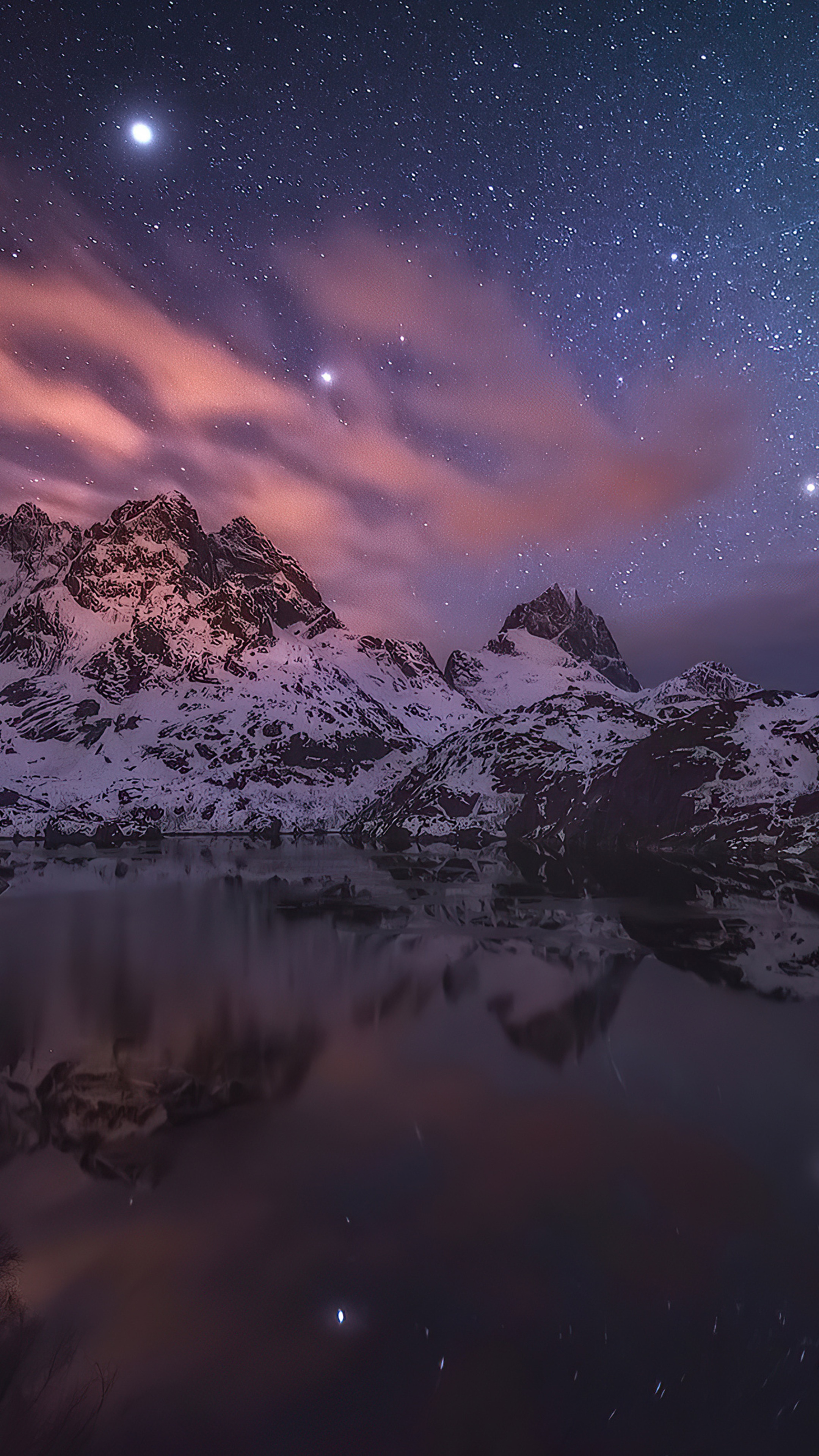 Snowy Mountains Reflected in Lake Under Starry Sky HD Phone Wallpaper