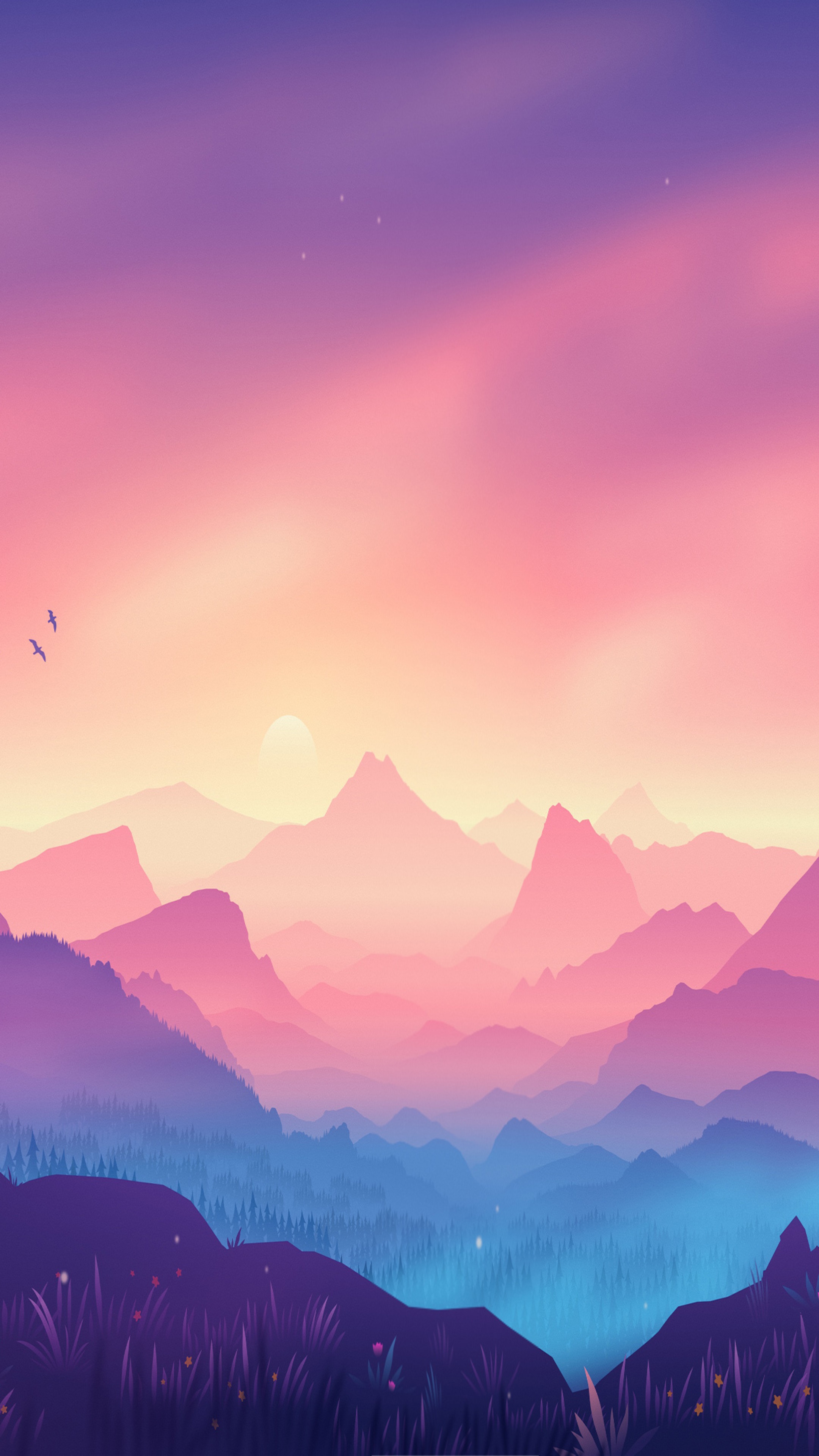 Digital Art Landscape with Mountains and Sunset HD Phone Wallpaper