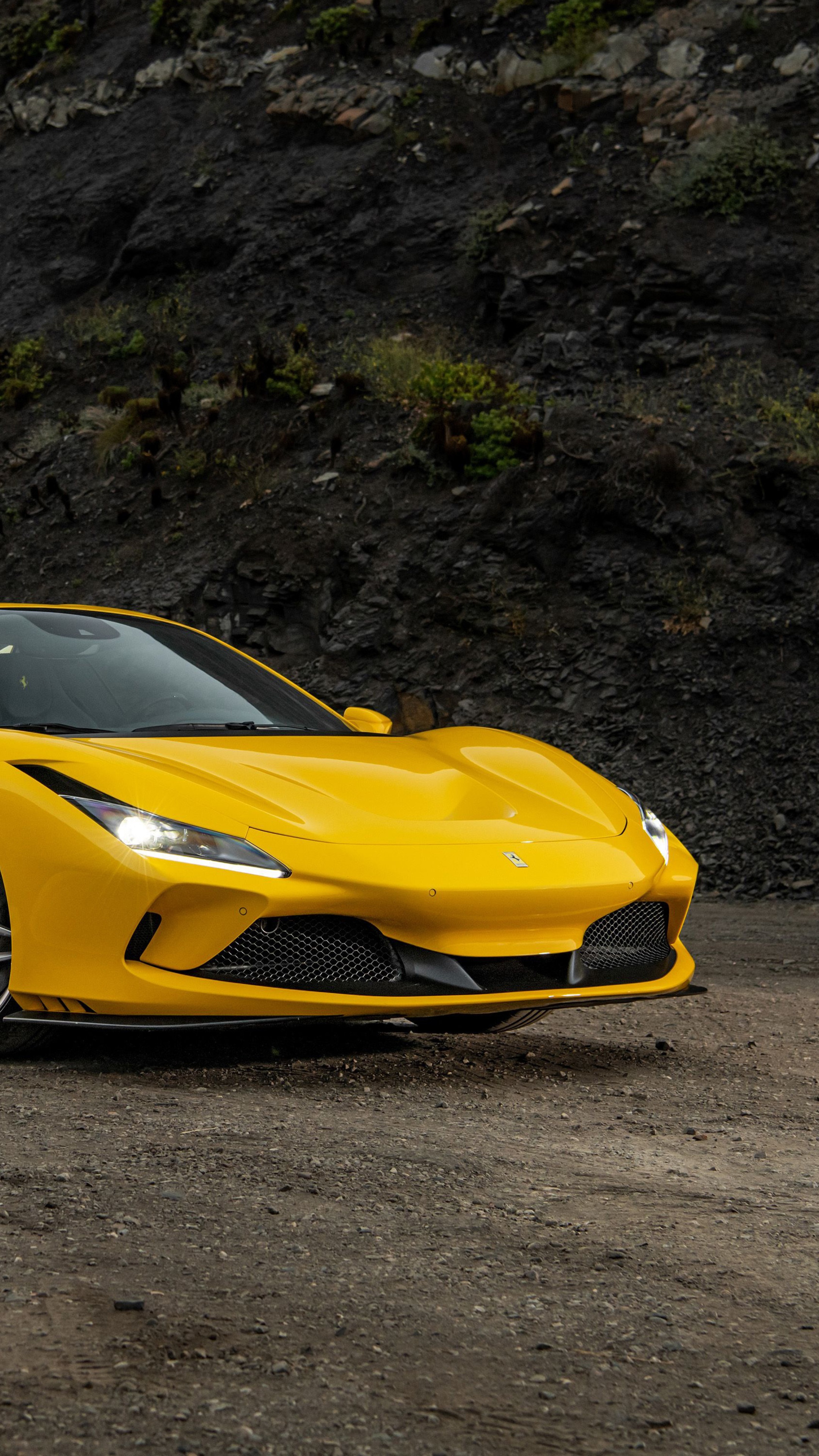 Yellow Ferrari F8 Tributo on a dirt road HD Phone Wallpaper
