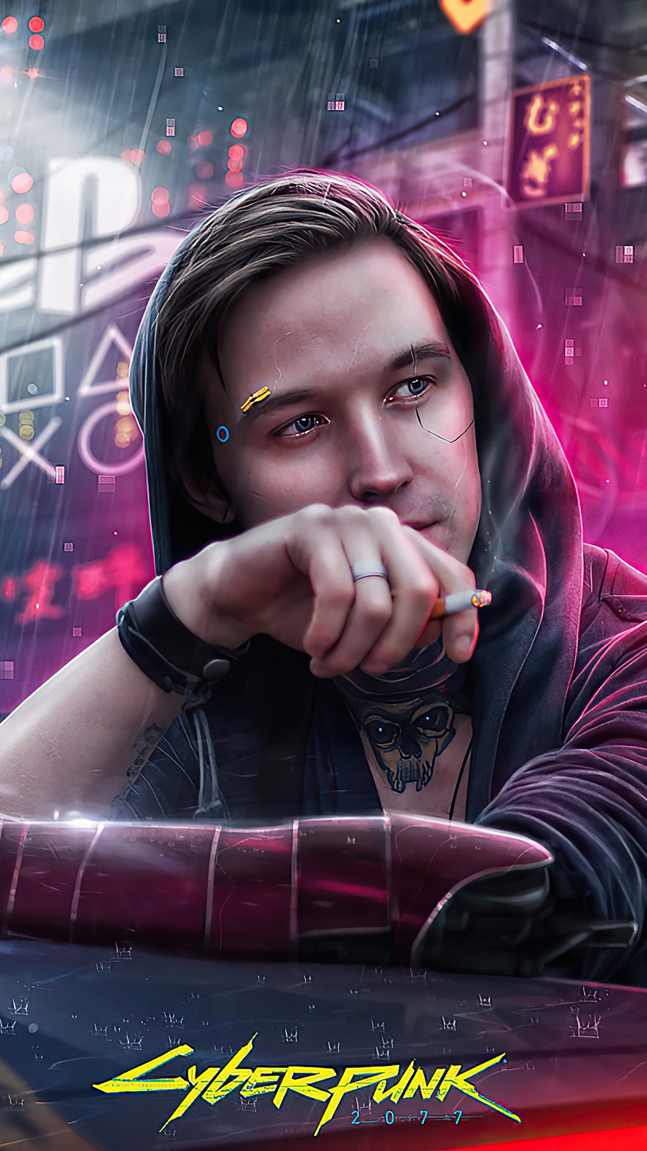 Cyberpunk 2077 character with cybernetic arm and tattoos HD Phone Wallpaper