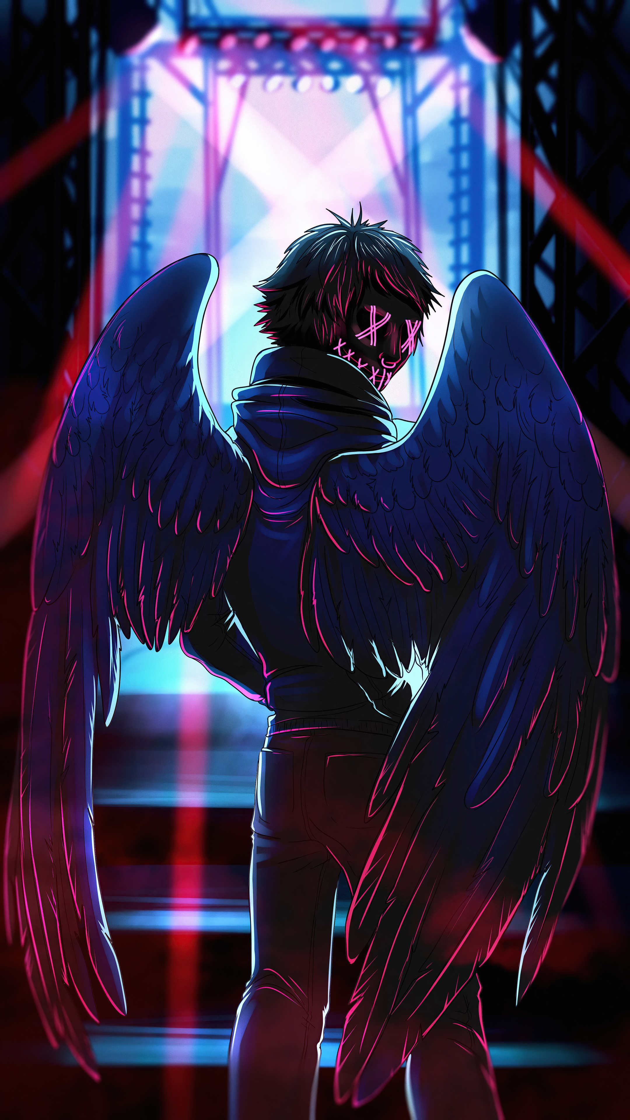 Angel with a neon mask and wings HD Phone Wallpaper