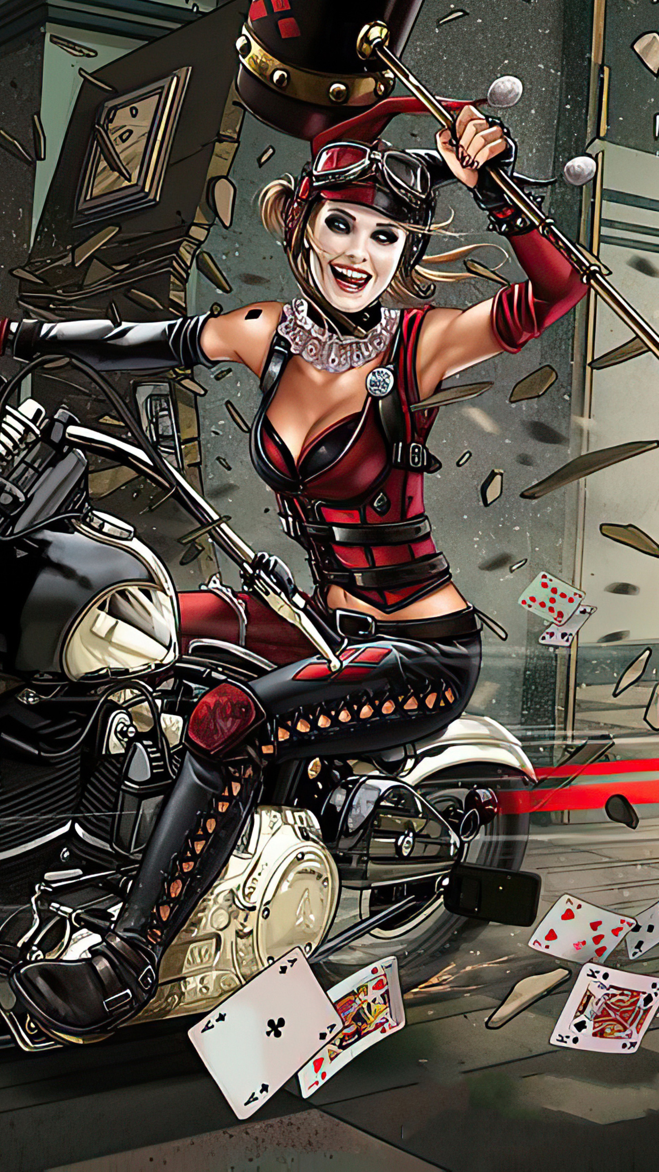 Harley Quinn on a Motorcycle with a Mallet HD Phone Wallpaper