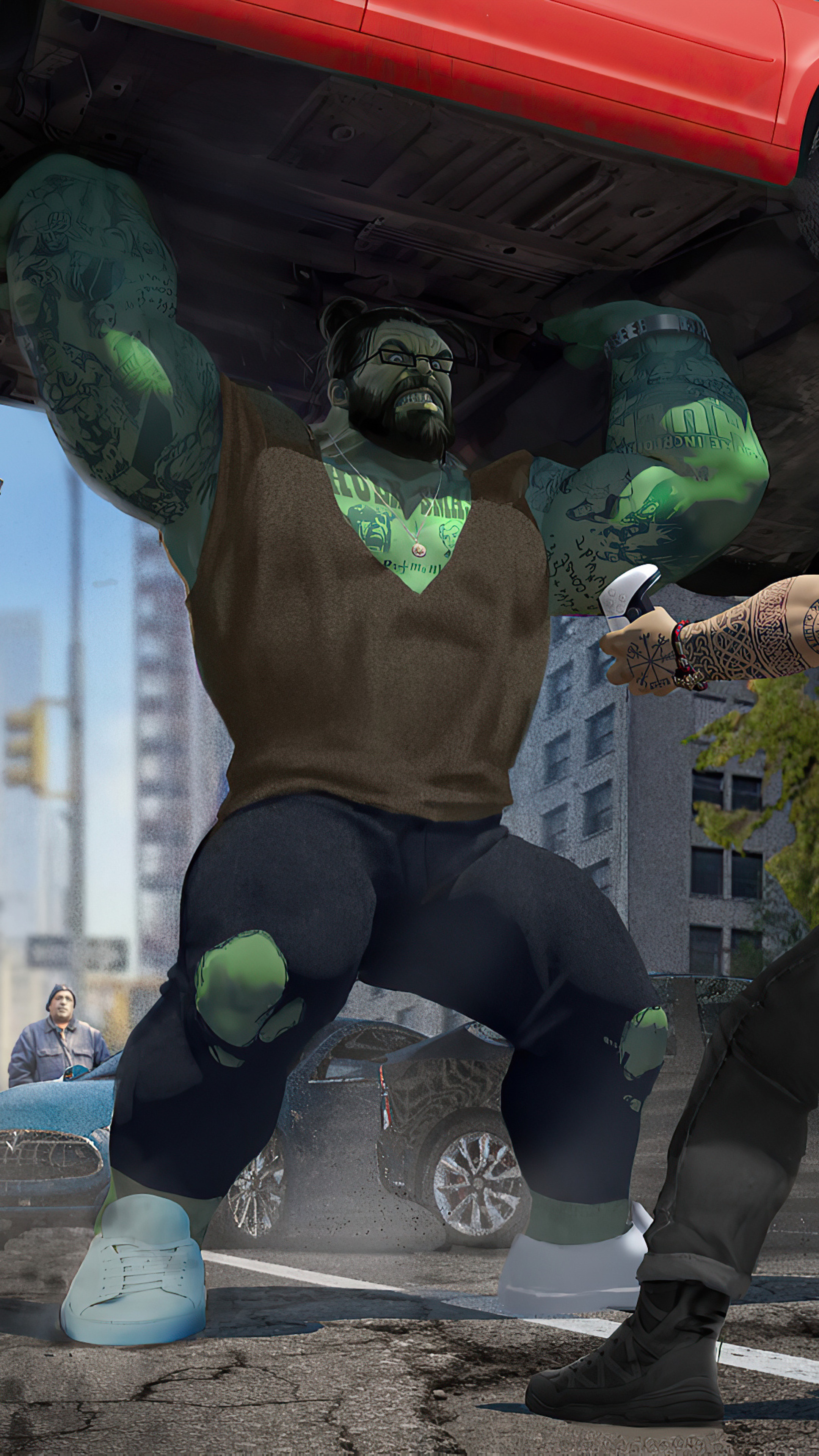 Hulk lifting a car HD Phone Wallpaper
