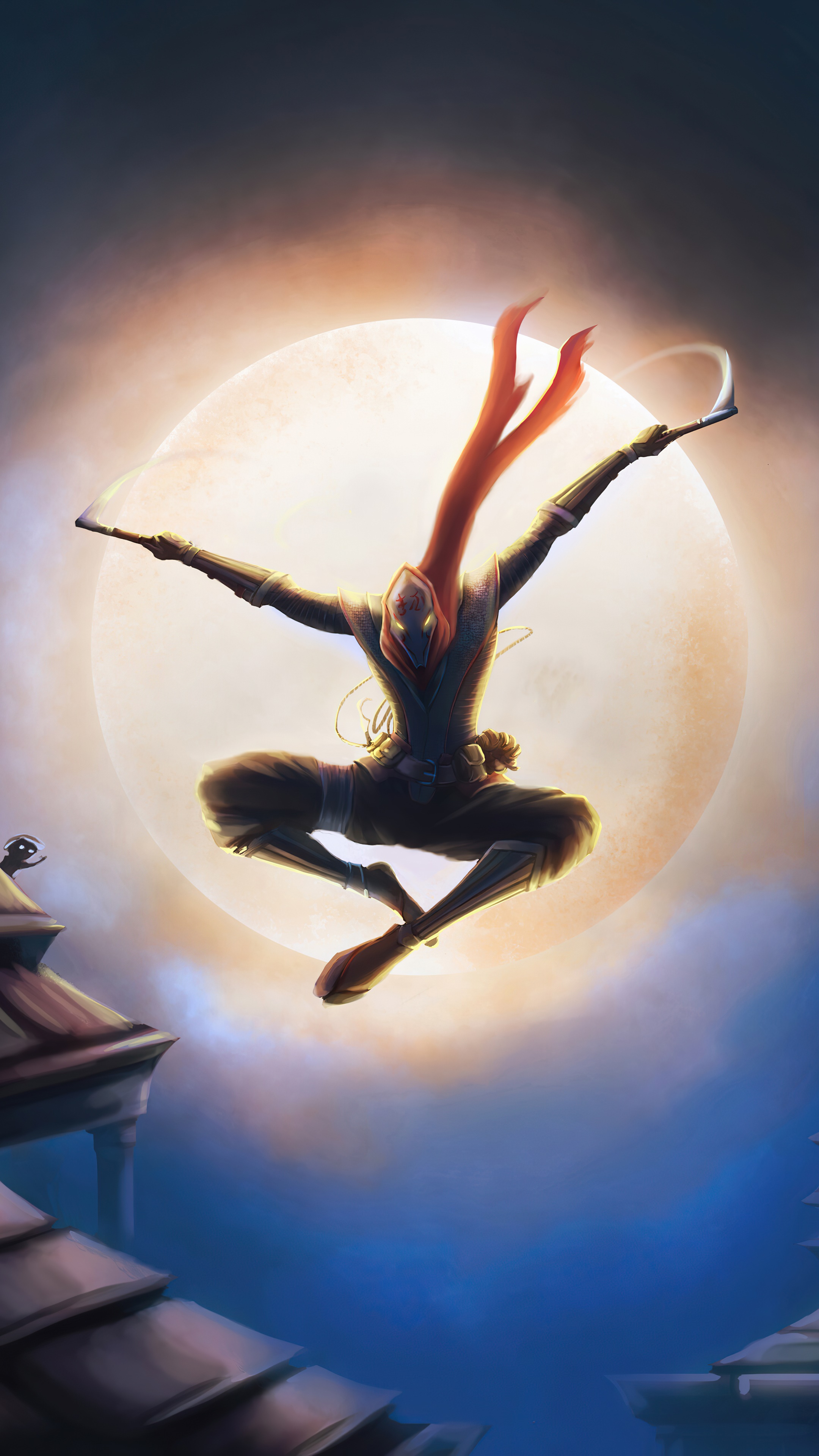 Ninja with red scarf jumping in front of moon HD Phone Wallpaper