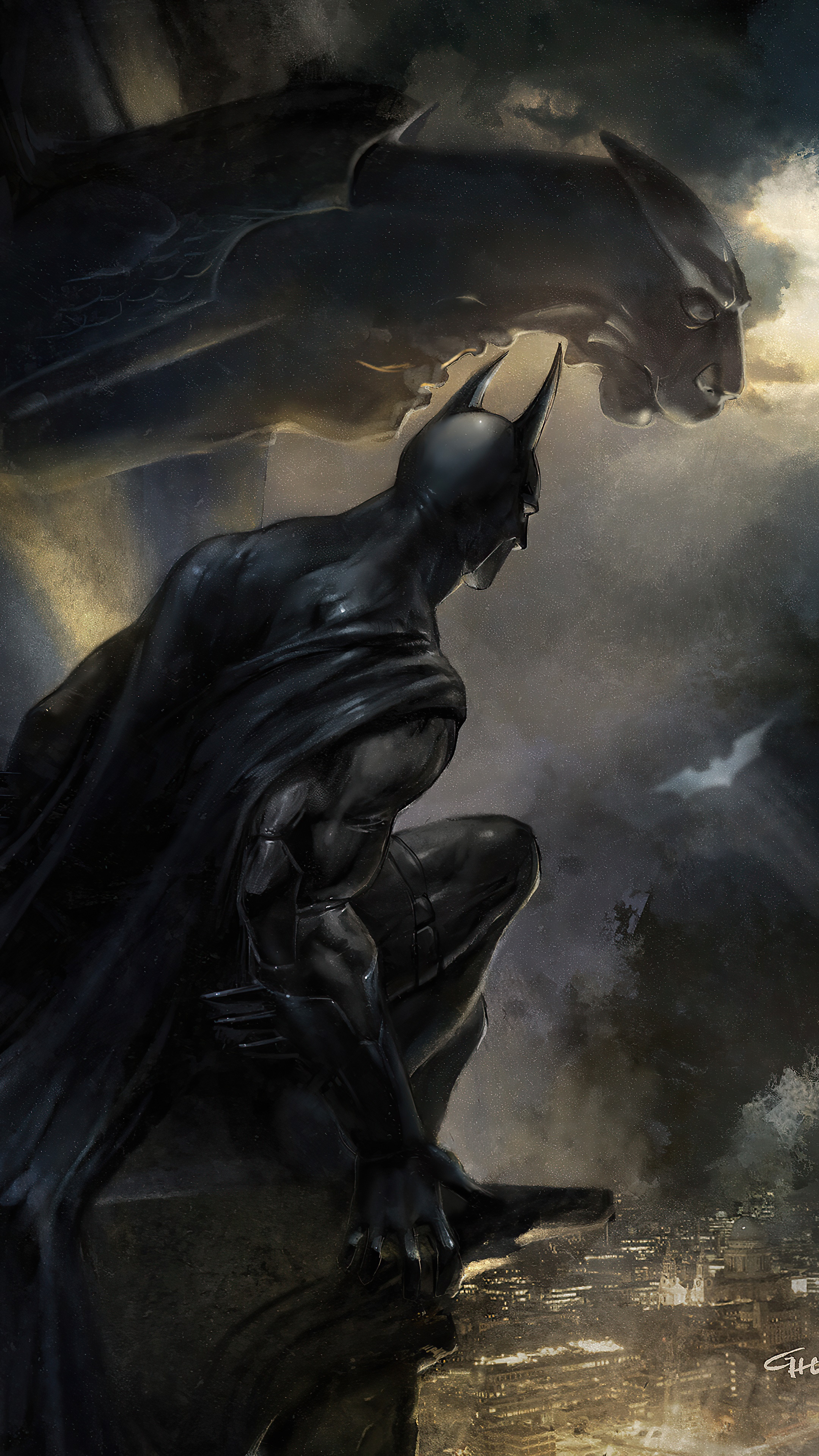 Batman and Gargoyle Artwork HD Phone Wallpaper