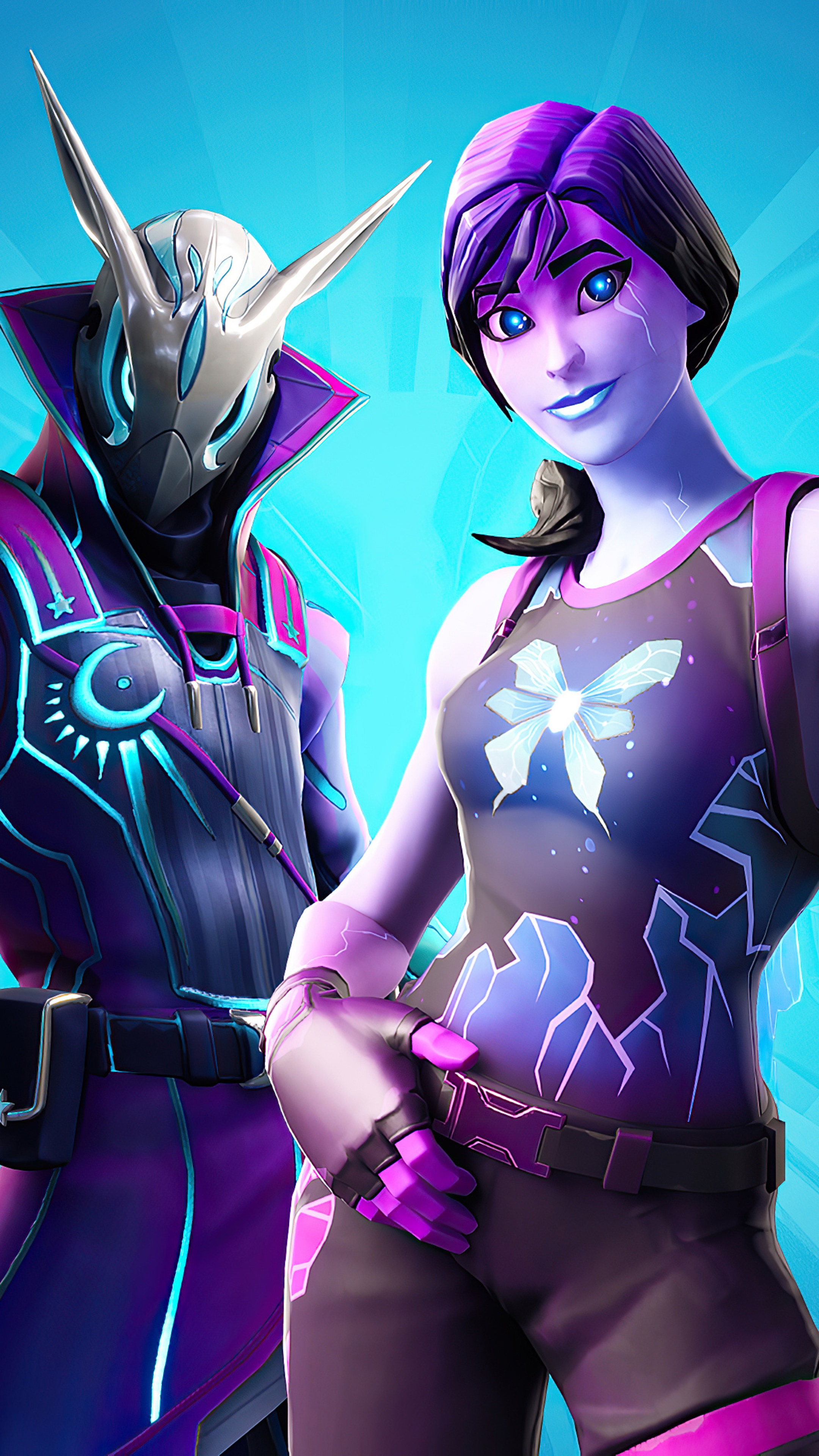 Fortnite characters with purple and blue cosmic designs HD Phone Wallpaper