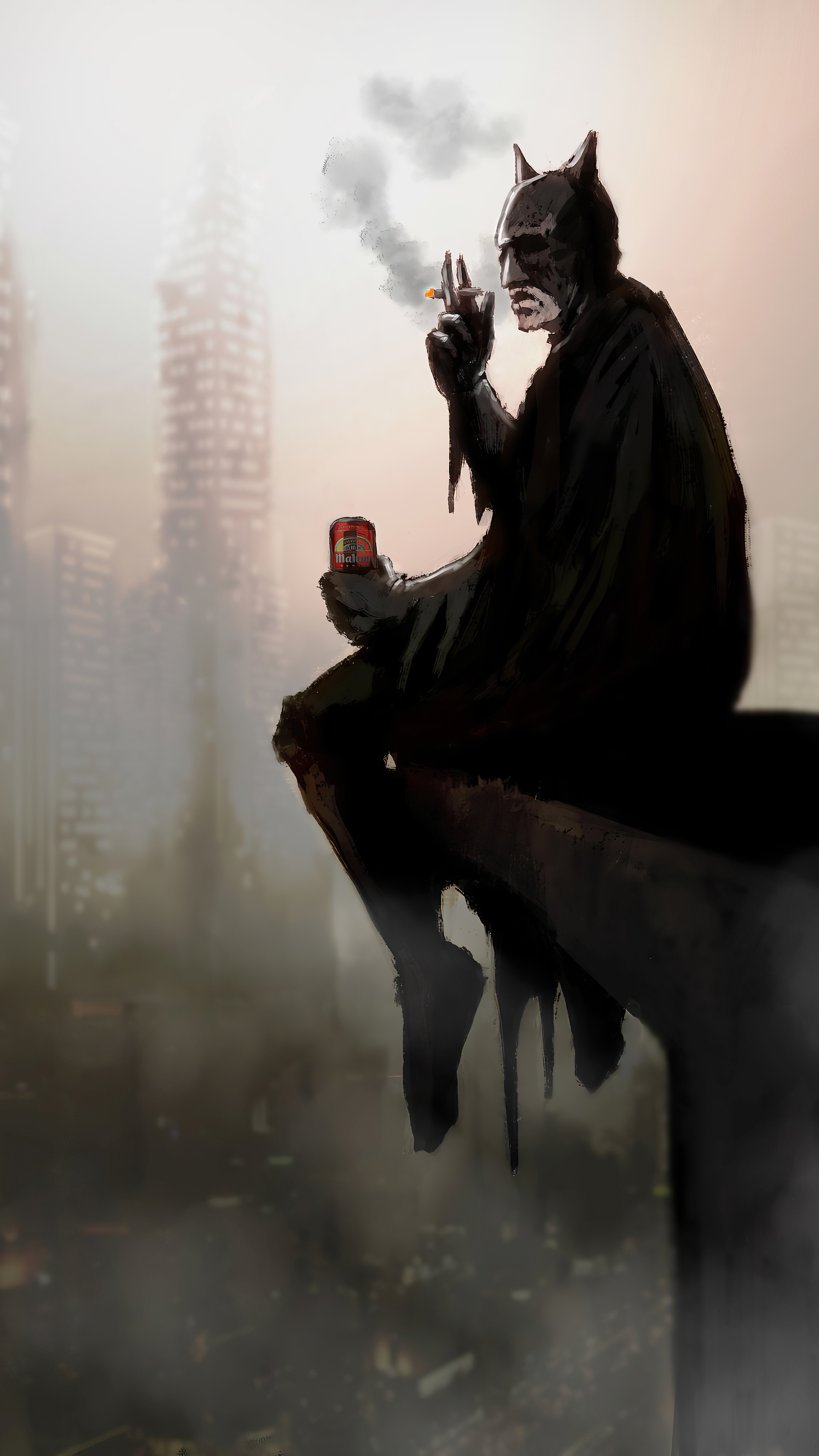 Batman smoking on a gargoyle overlooking a city HD Phone Wallpaper