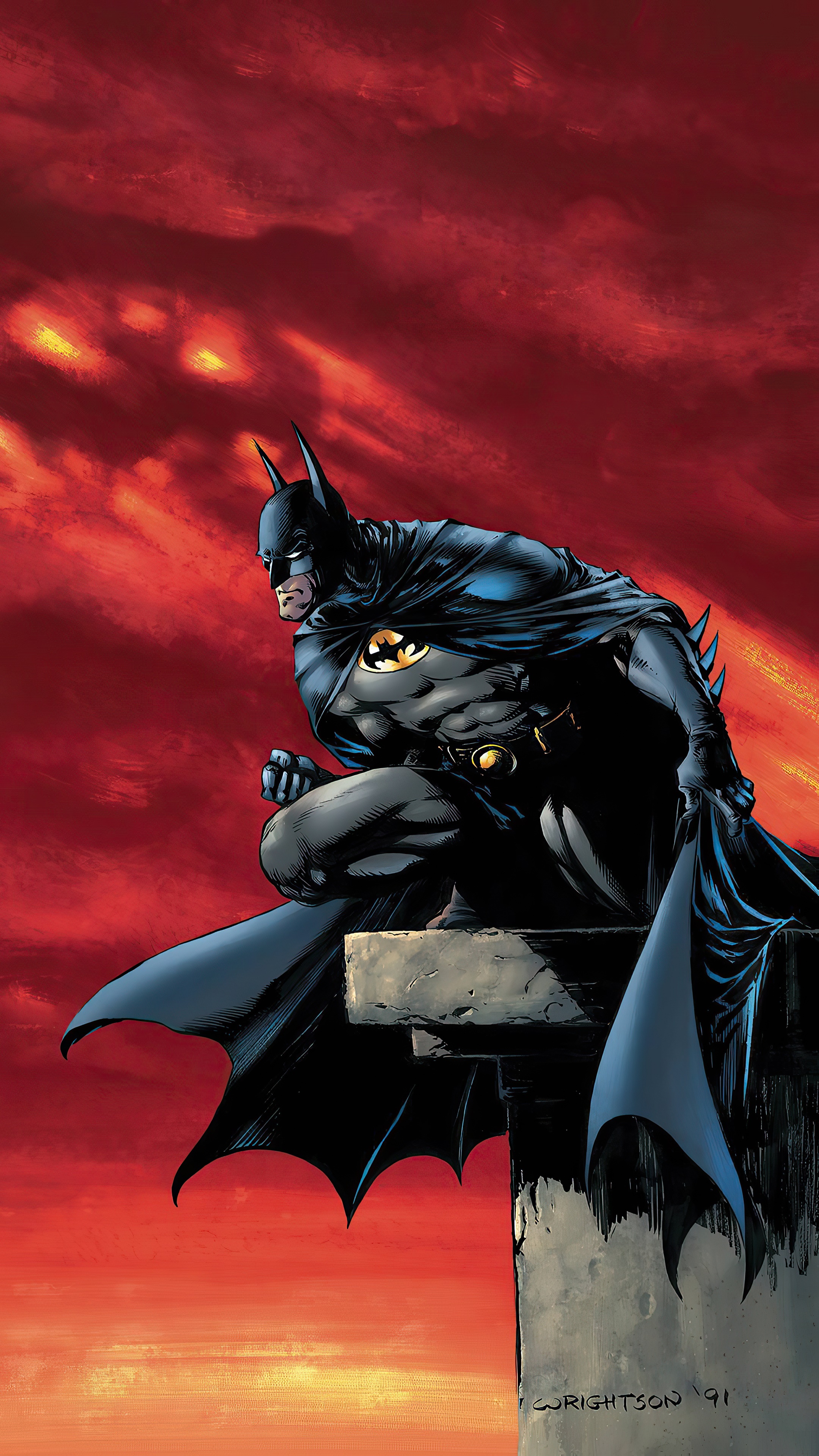 Batman crouching on a ledge with a red sky HD Phone Wallpaper