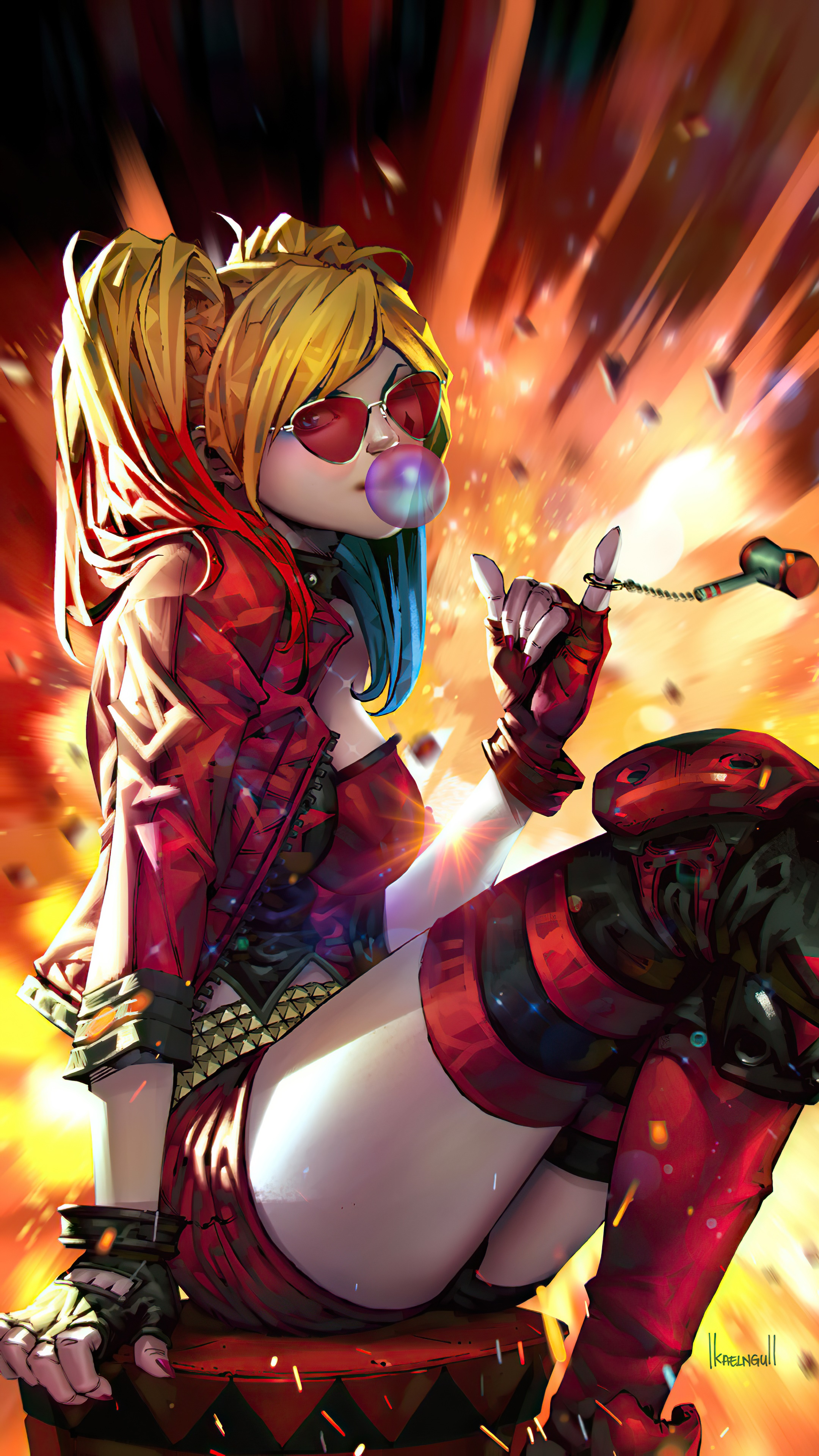 Harley Quinn blowing bubblegum with a hammer HD Phone Wallpaper