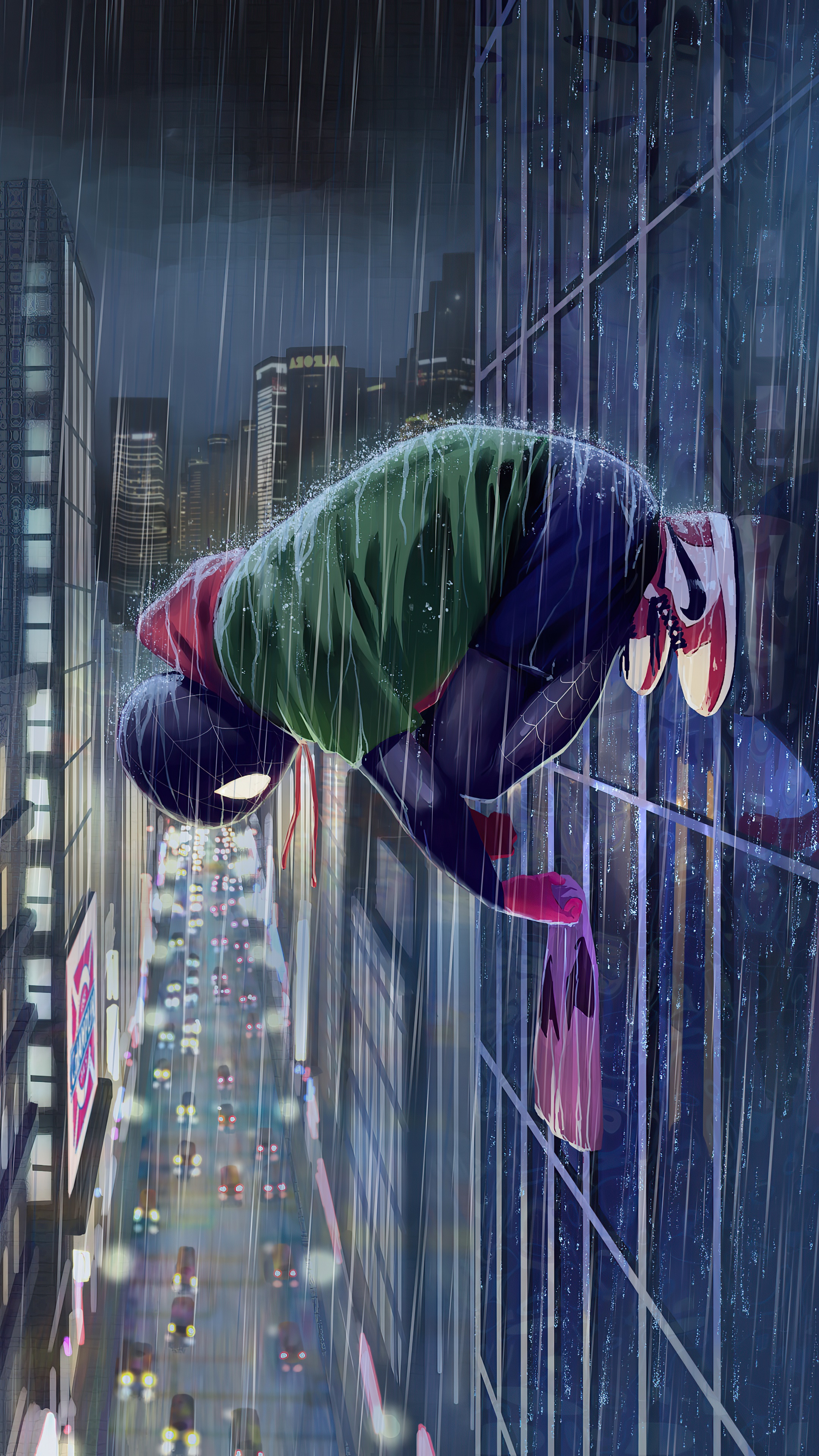 Spider-Man from Marvel in a rainy city HD Phone Wallpaper