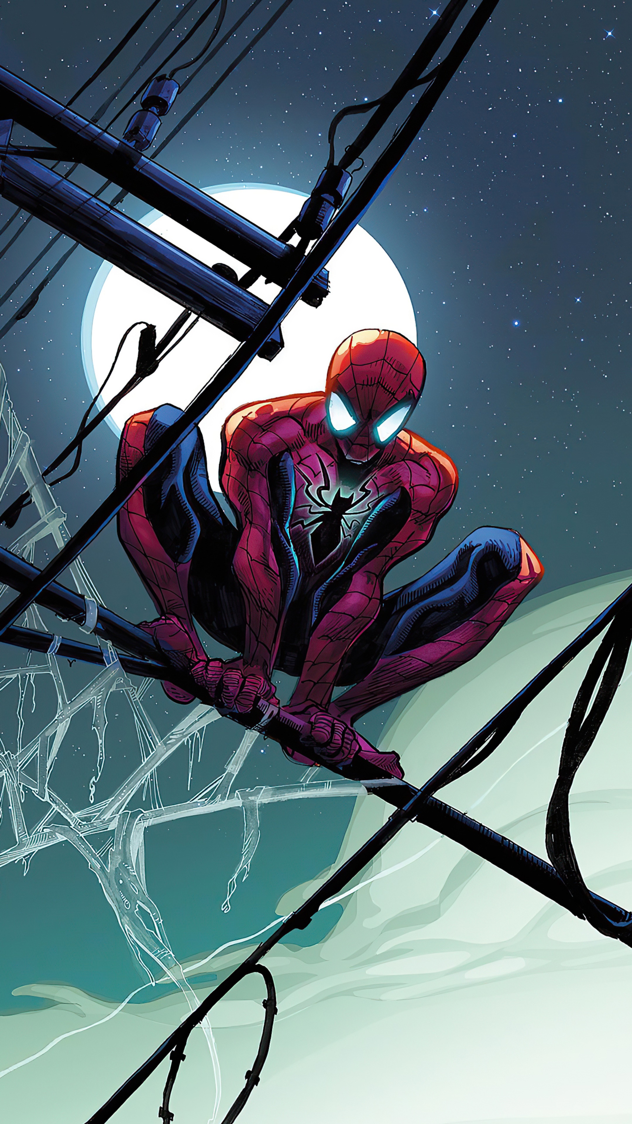 Spider-Man on power lines at night HD Phone Wallpaper