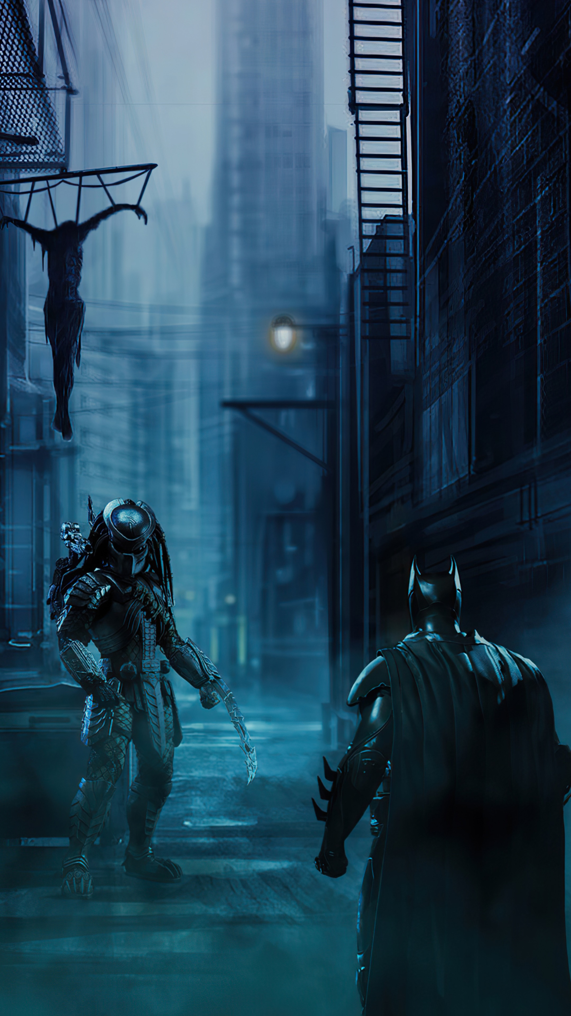 Batman and Predator in a dark alley HD Phone Wallpaper