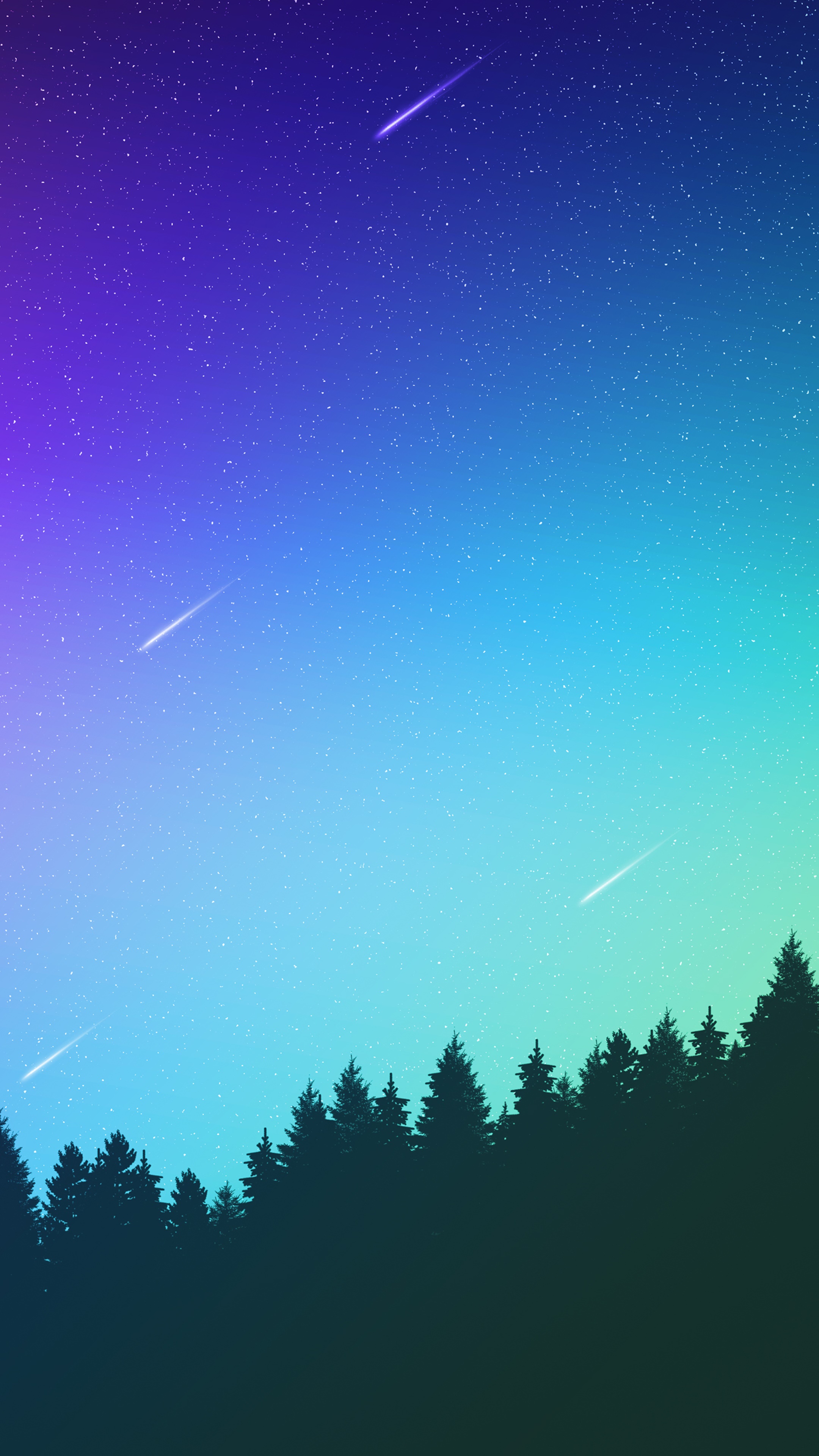Digital art of a colorful night sky with shooting stars over trees HD Phone Wallpaper