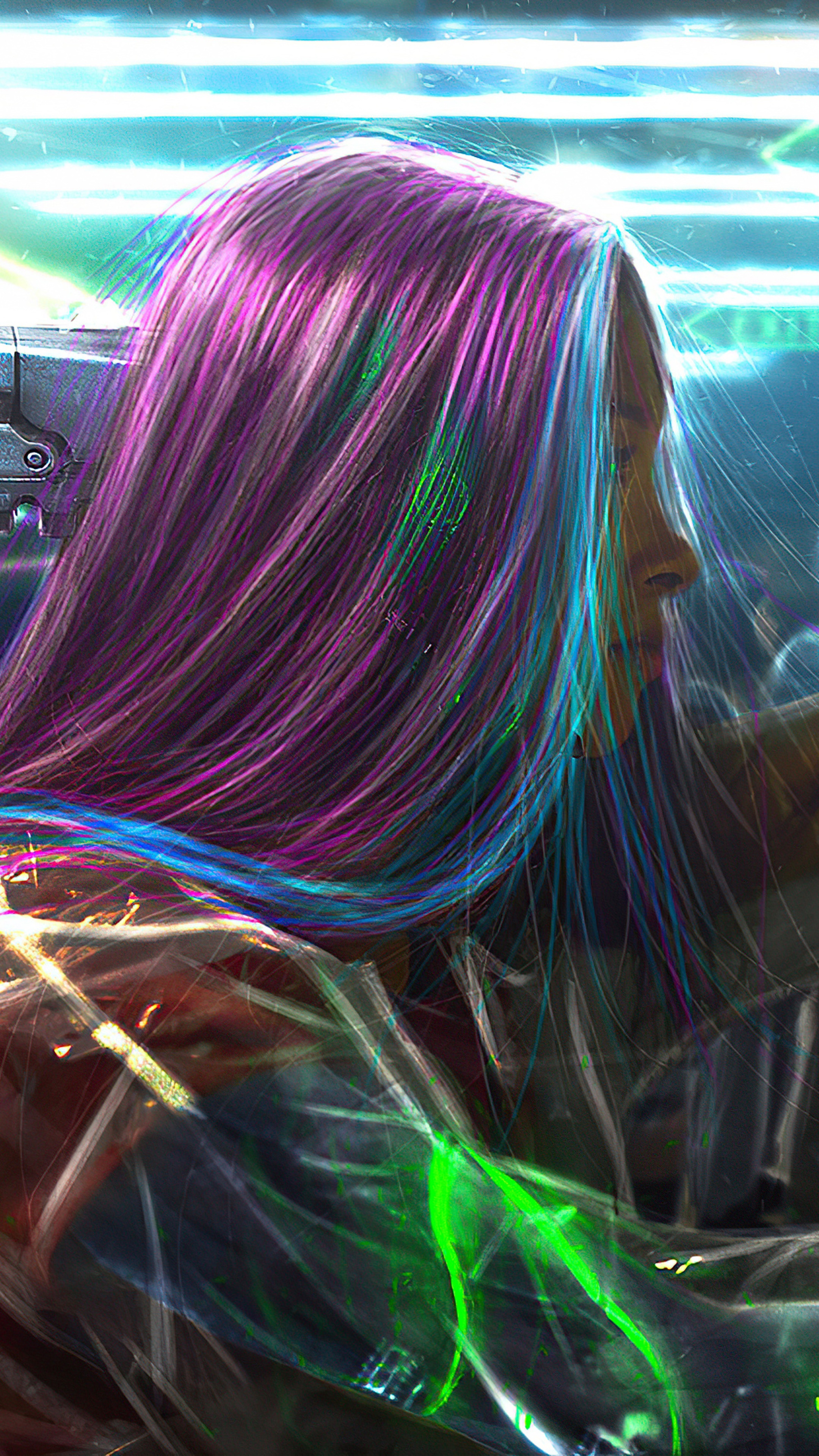 Cyberpunk artwork with colorful hair HD Phone Wallpaper