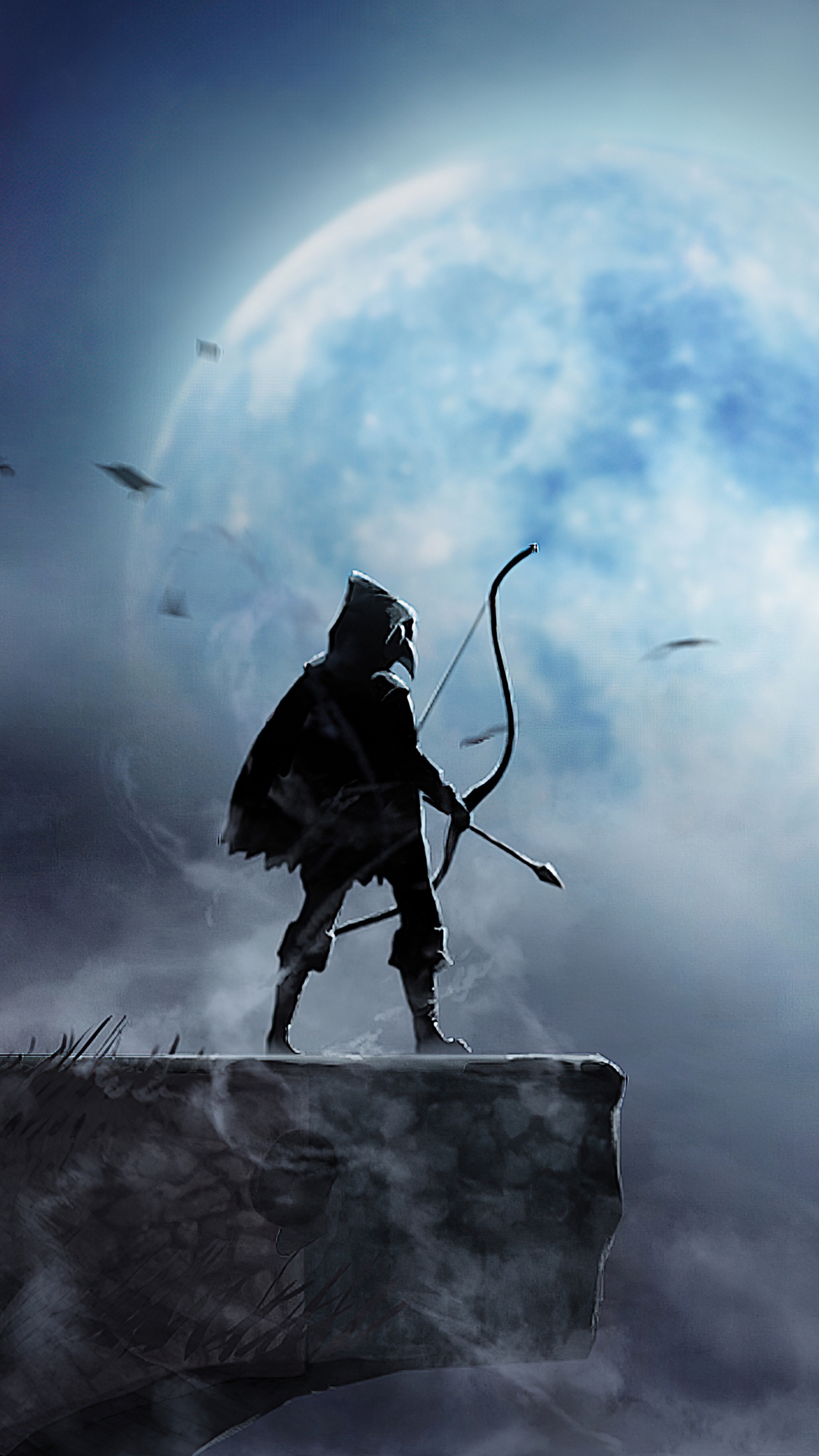 Archer on cliff edge under large moon HD Phone Wallpaper