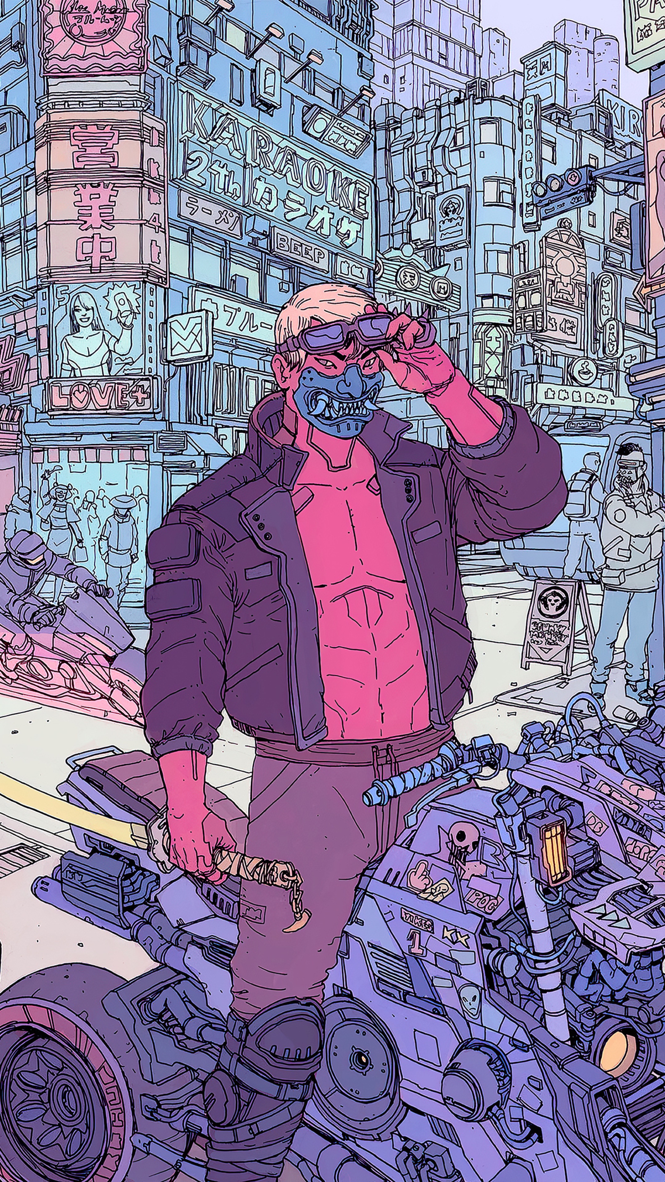 Man in mask and jacket with sword and motorcycle HD Phone Wallpaper