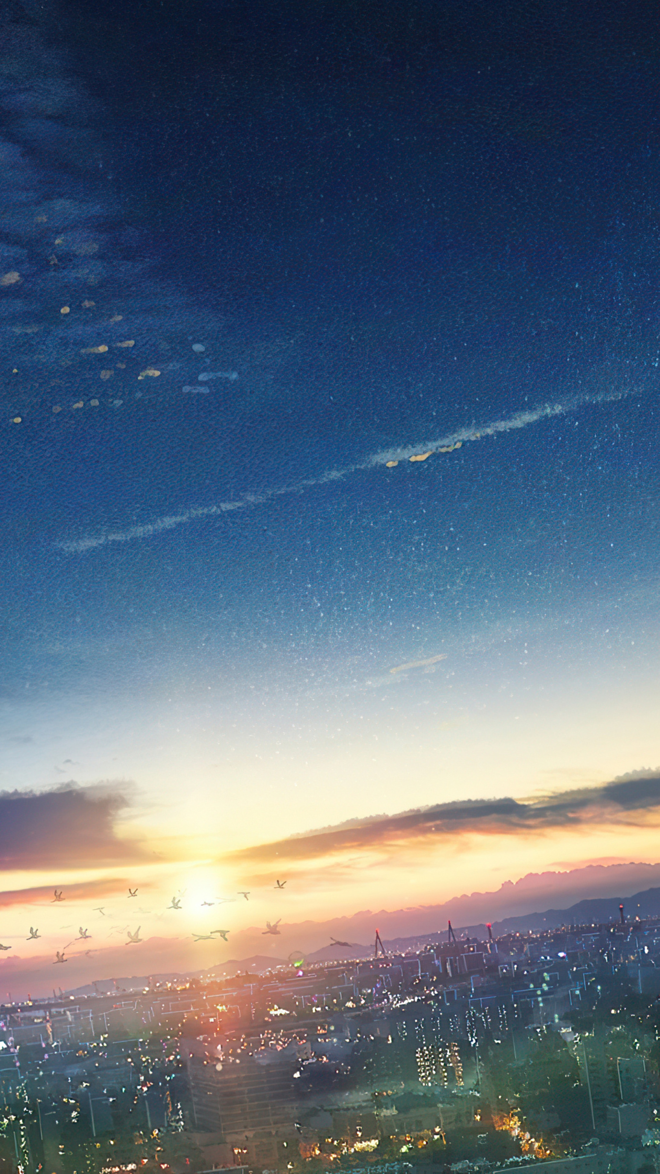 Anime cityscape at sunrise with birds flying HD Phone Wallpaper