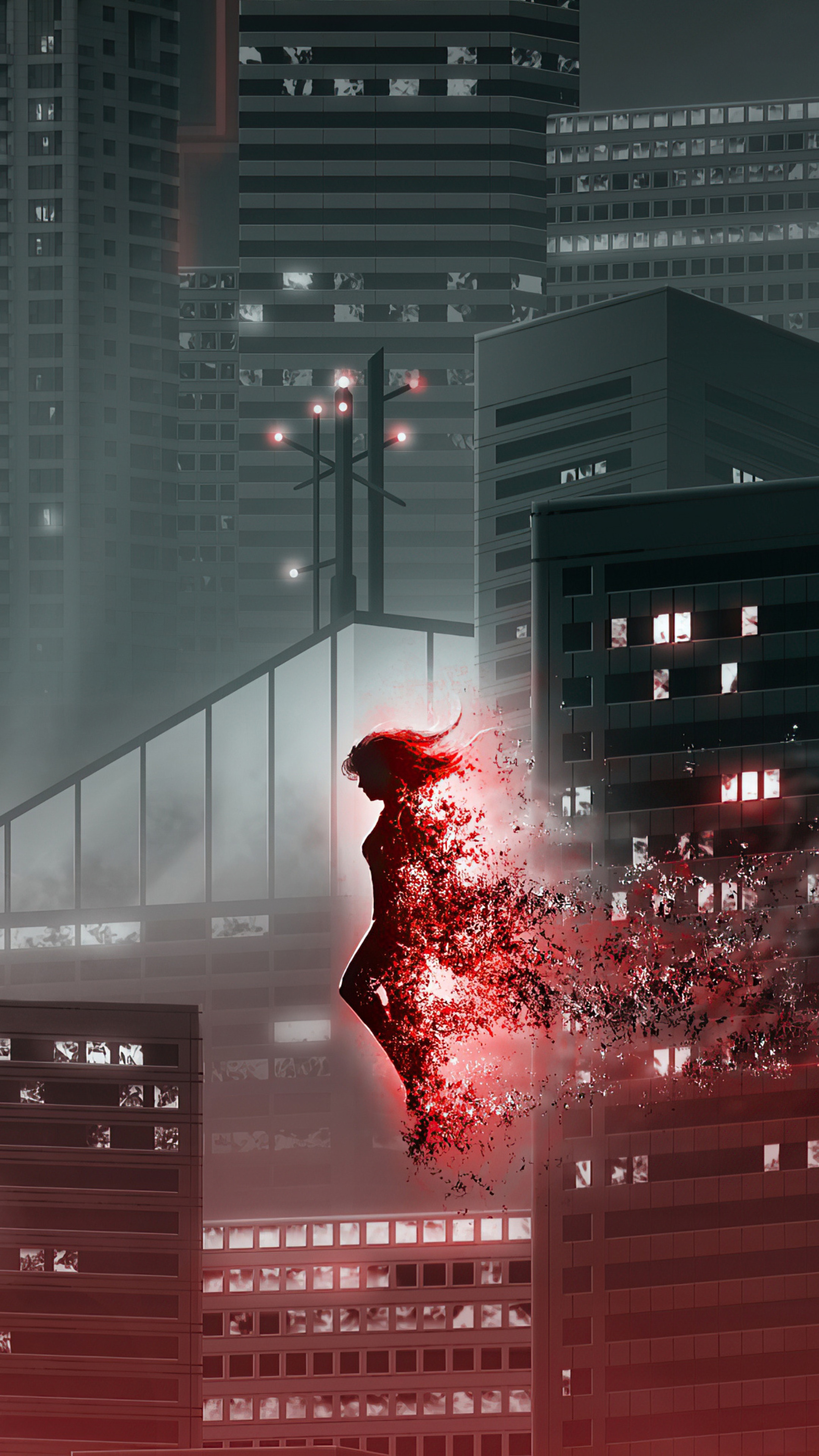 Digital Art of a Woman Dissolving into Red Particles HD Phone Wallpaper