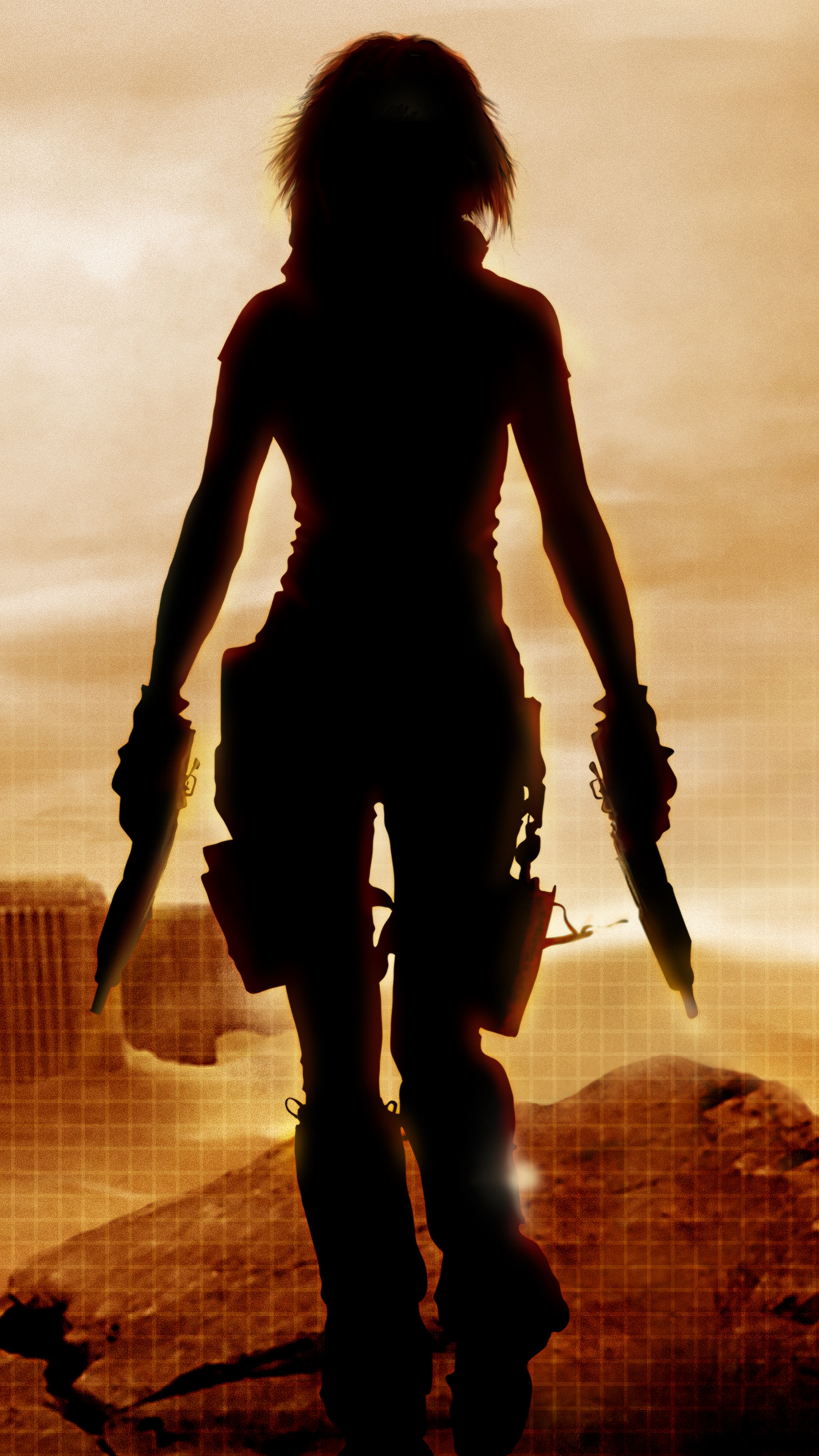 Silhouette of a woman with guns from Resident Evil 4K HD Phone Wallpaper
