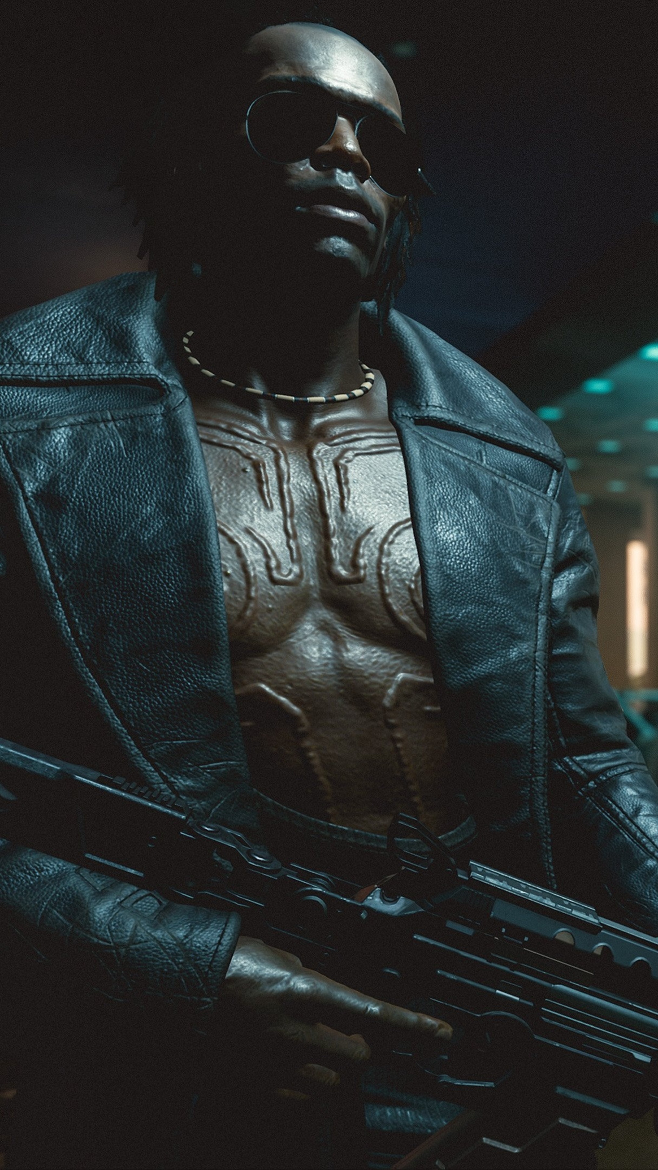 Man with tattoos and gun in Cyberpunk 2077 HD Phone Wallpaper