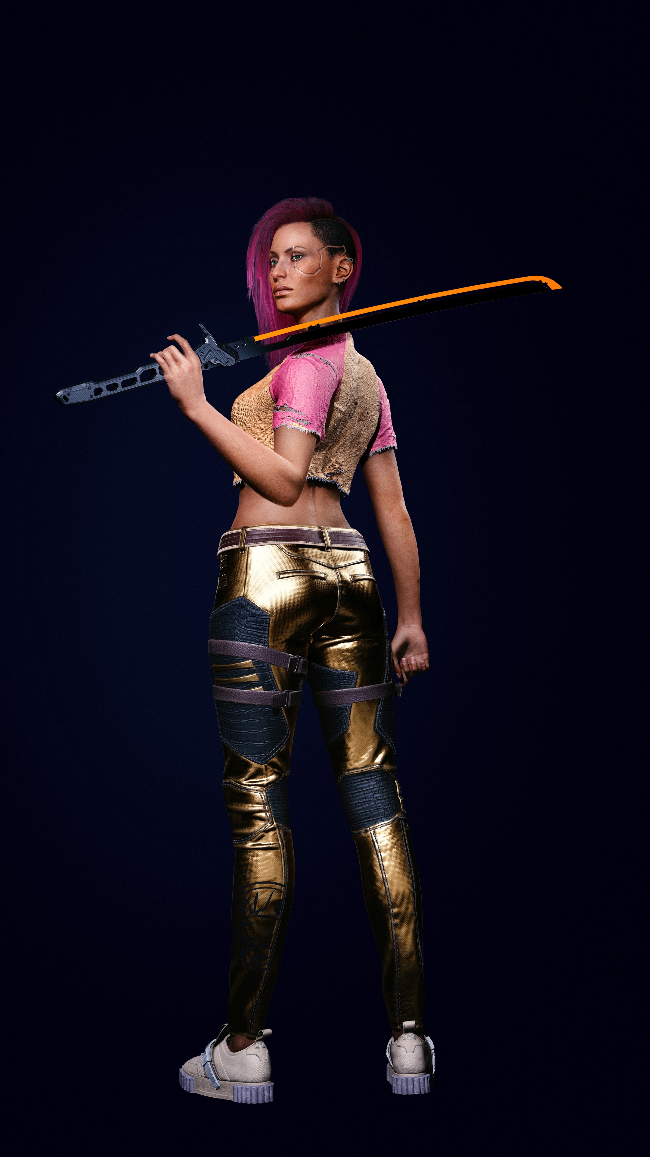 Female character from Cyberpunk 2077 holding a sword HD Phone Wallpaper