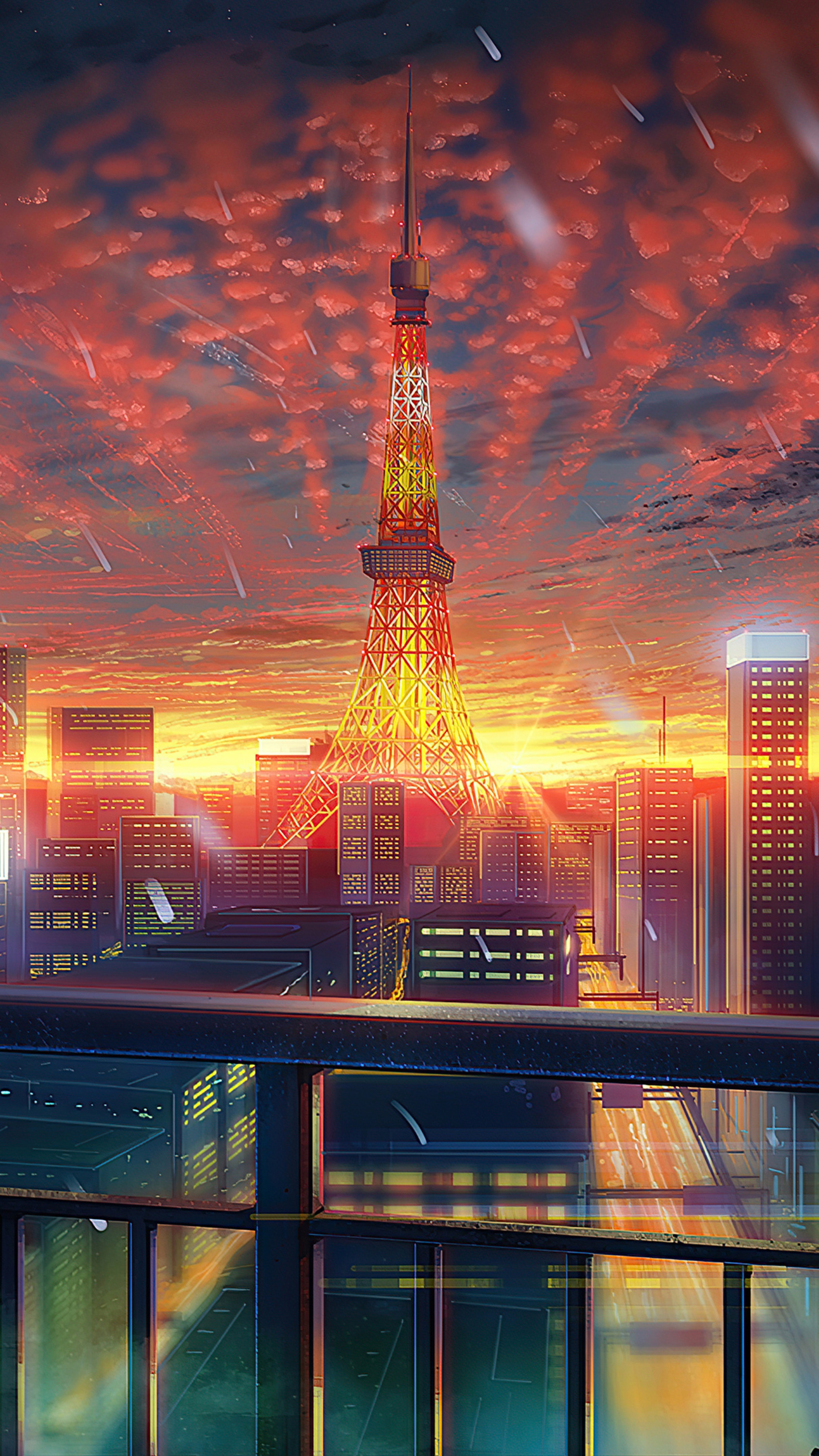 Tokyo Tower at sunset with falling stars HD Phone Wallpaper