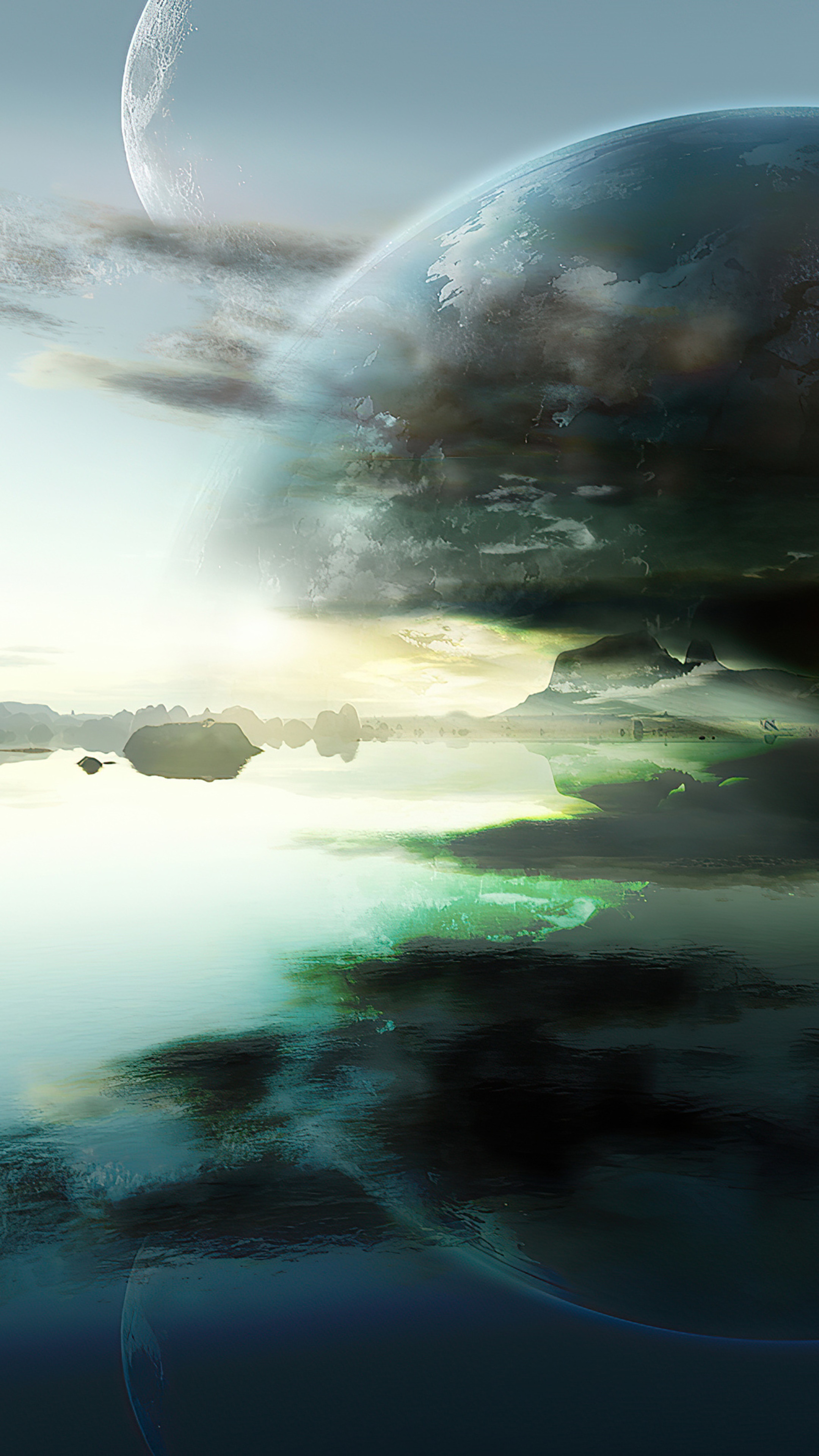 Sci-fi digital art of planets and water HD Phone Wallpaper