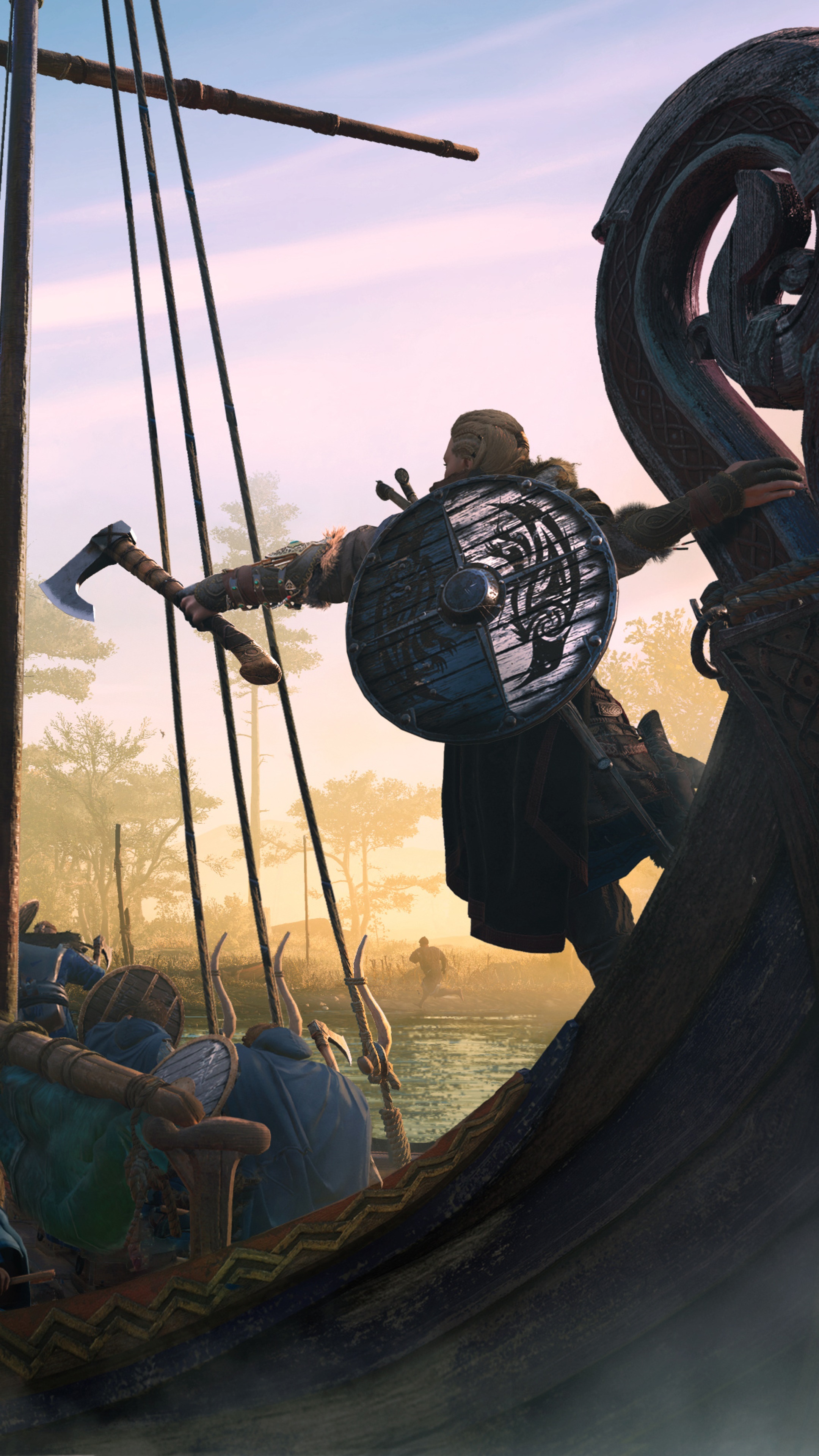 Assassin's Creed Valhalla Viking warrior on a longship HD Phone Wallpaper