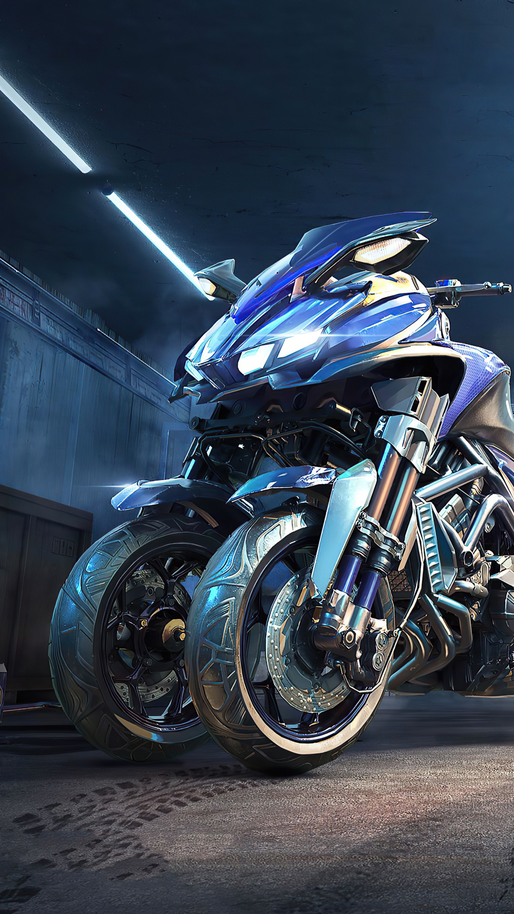 Blue futuristic motorcycle in a tunnel HD Phone Wallpaper