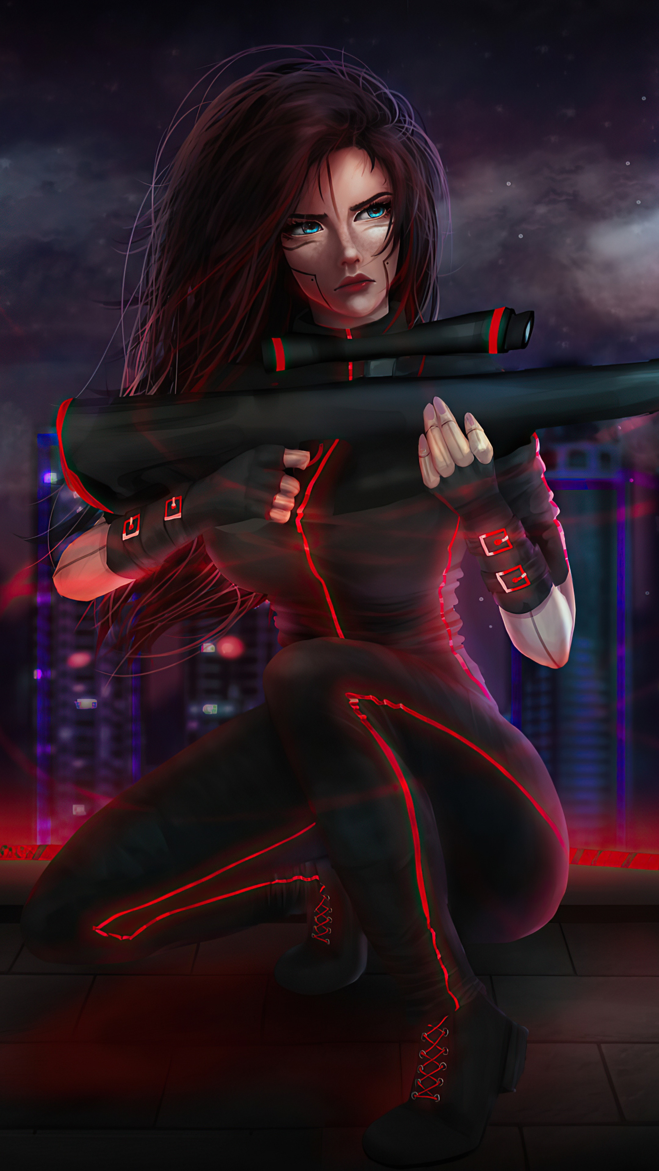 Cyberpunk woman with sniper rifle on rooftop 4K HD Phone Wallpaper