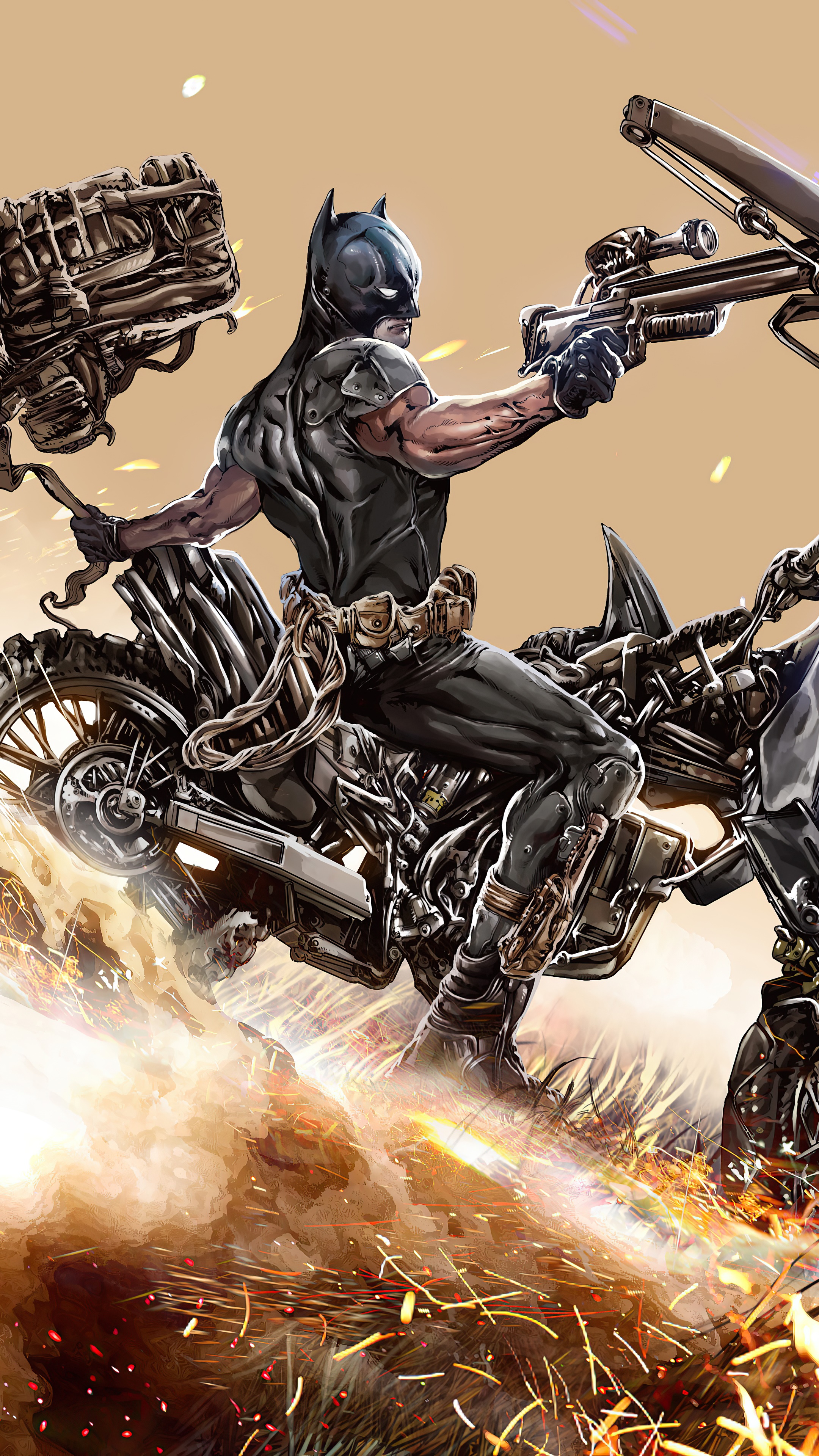 Batman on a motorcycle with weapons HD Phone Wallpaper