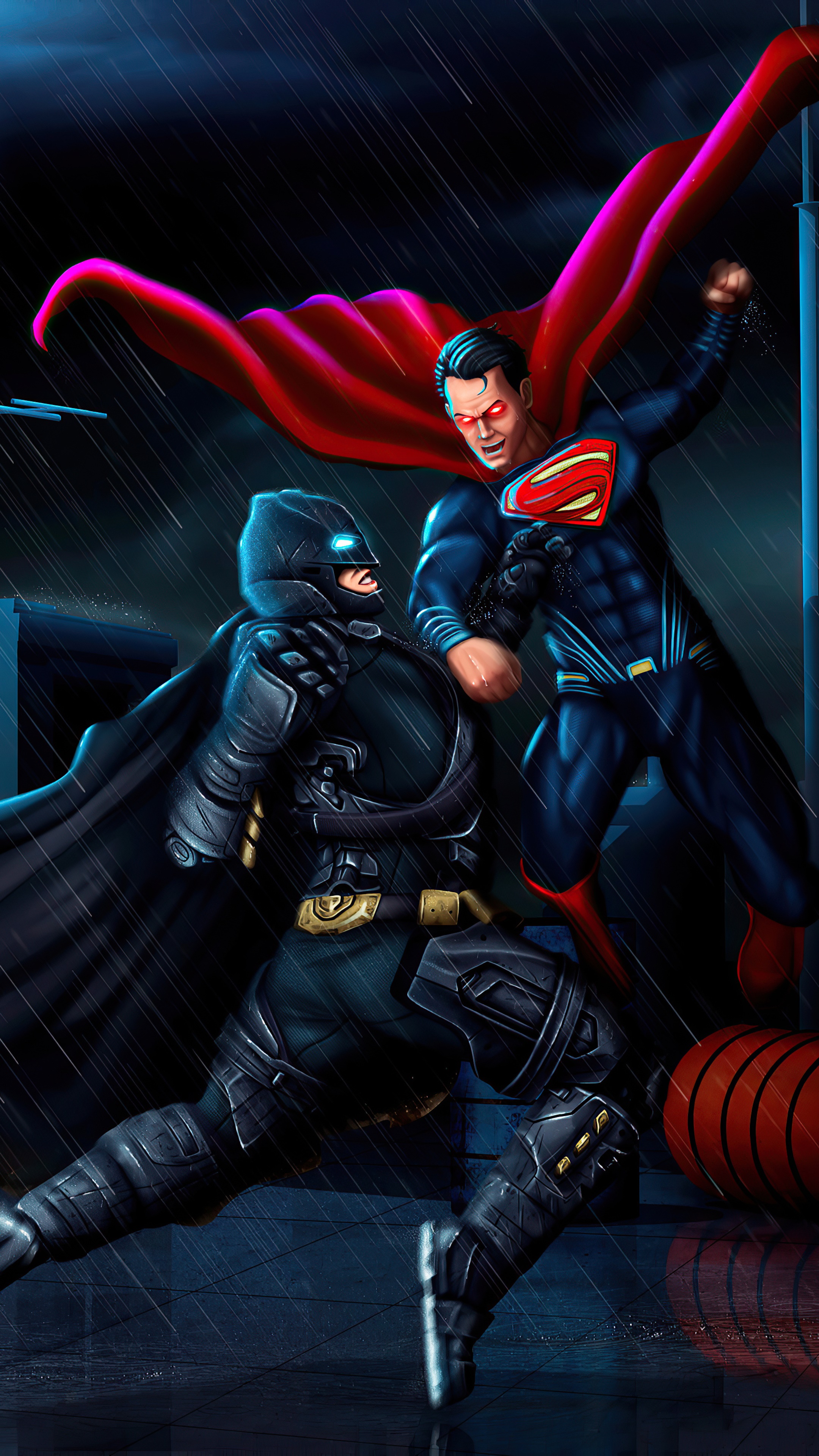 Batman and Superman fighting in the rain HD Phone Wallpaper