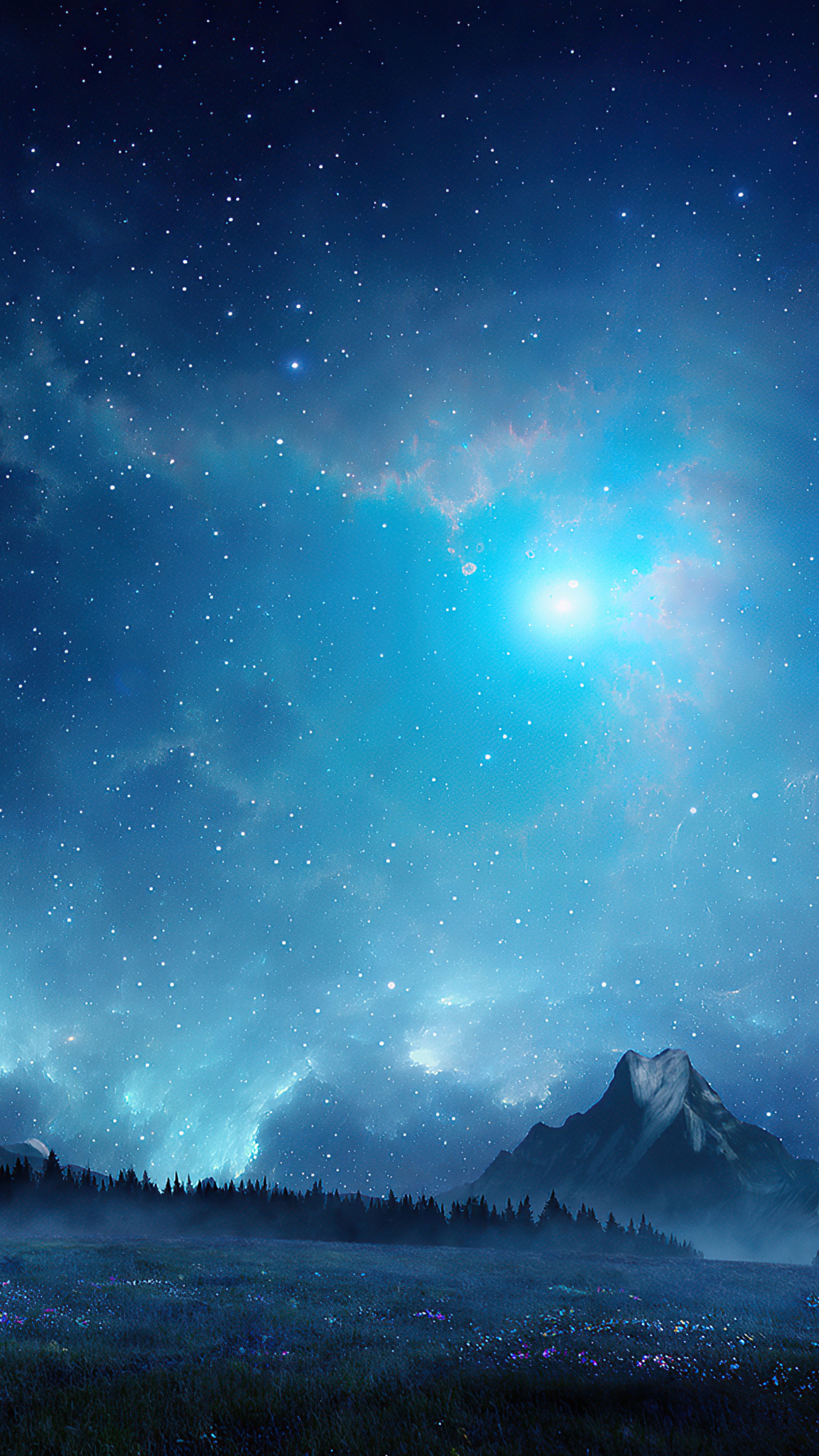 Digital Art of a Starry Night Sky Over Mountains HD Phone Wallpaper