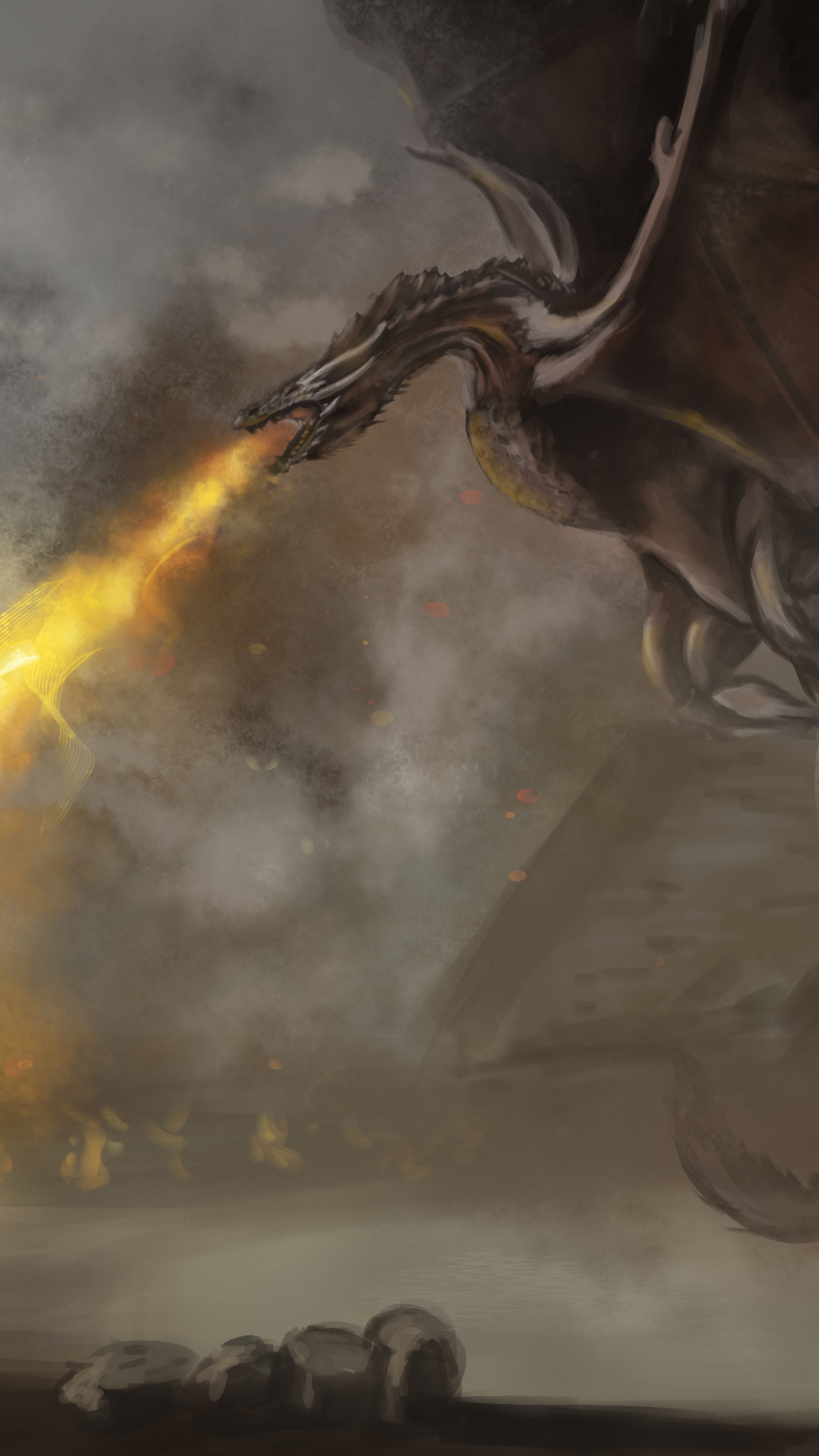 Dragon breathing fire in a smoky environment HD Phone Wallpaper