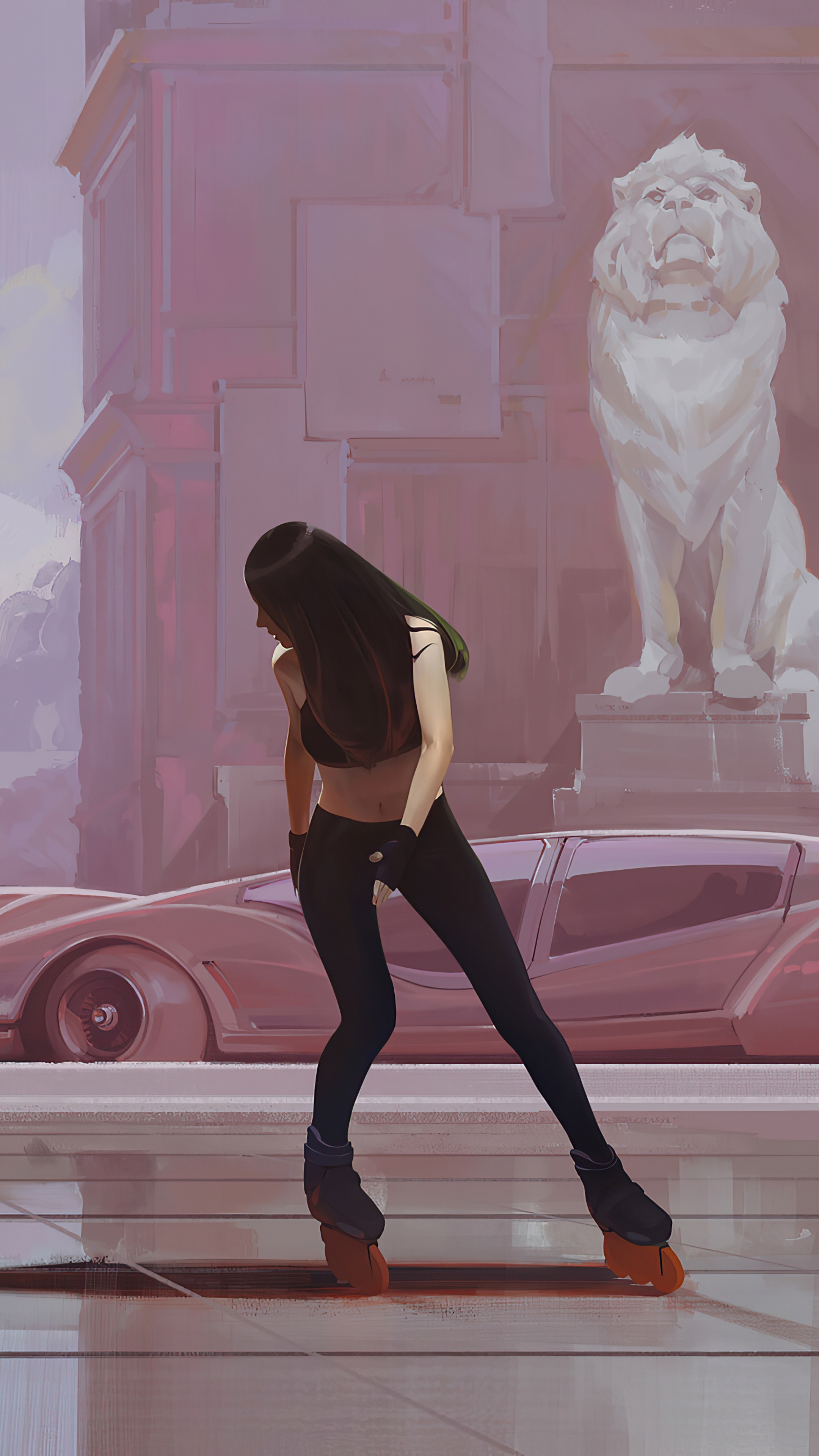 Artwork of a woman on roller skates with a car and lion statue HD Phone Wallpaper