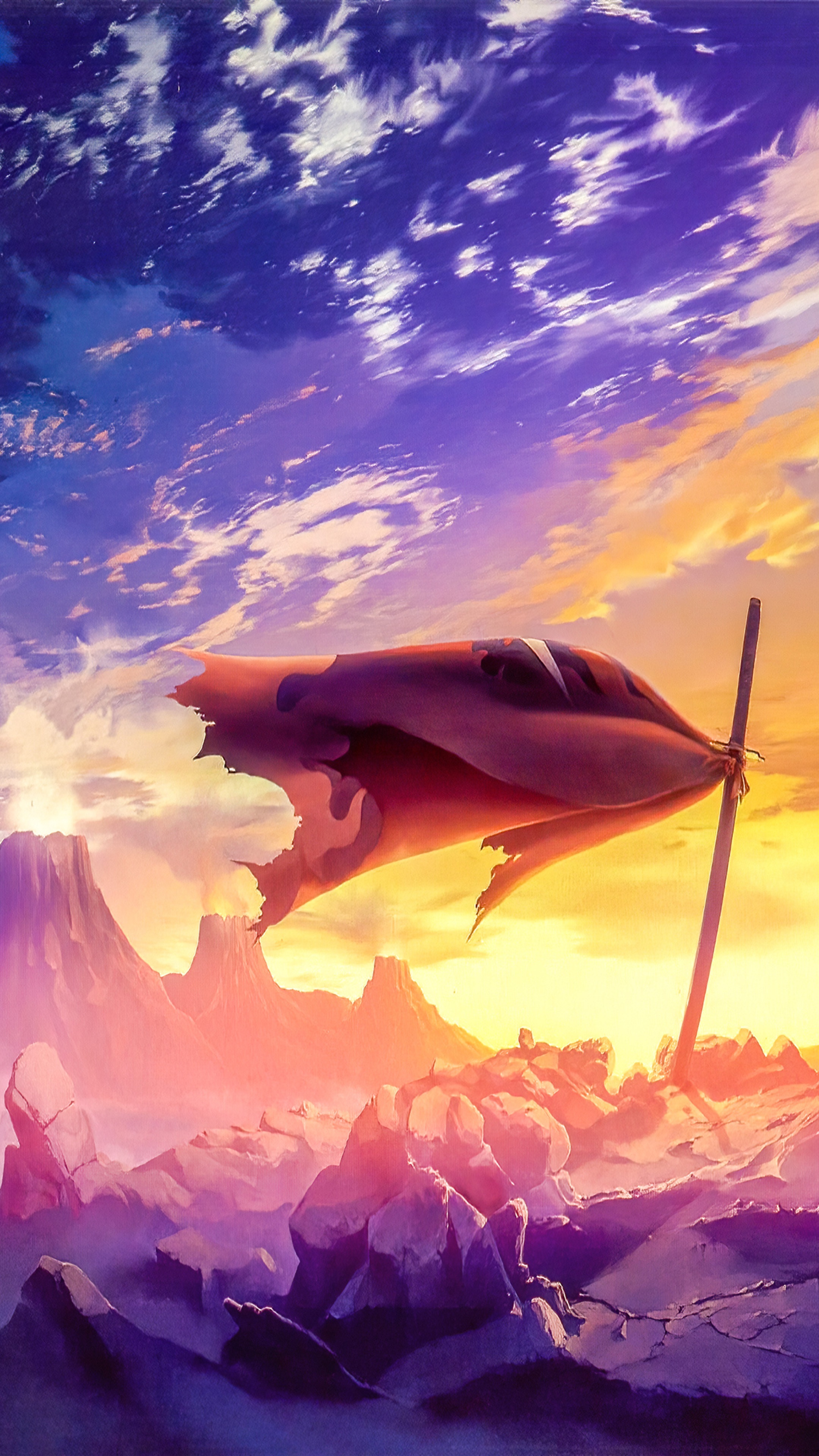 Anime artwork of a tattered flag in a desolate landscape HD Phone Wallpaper