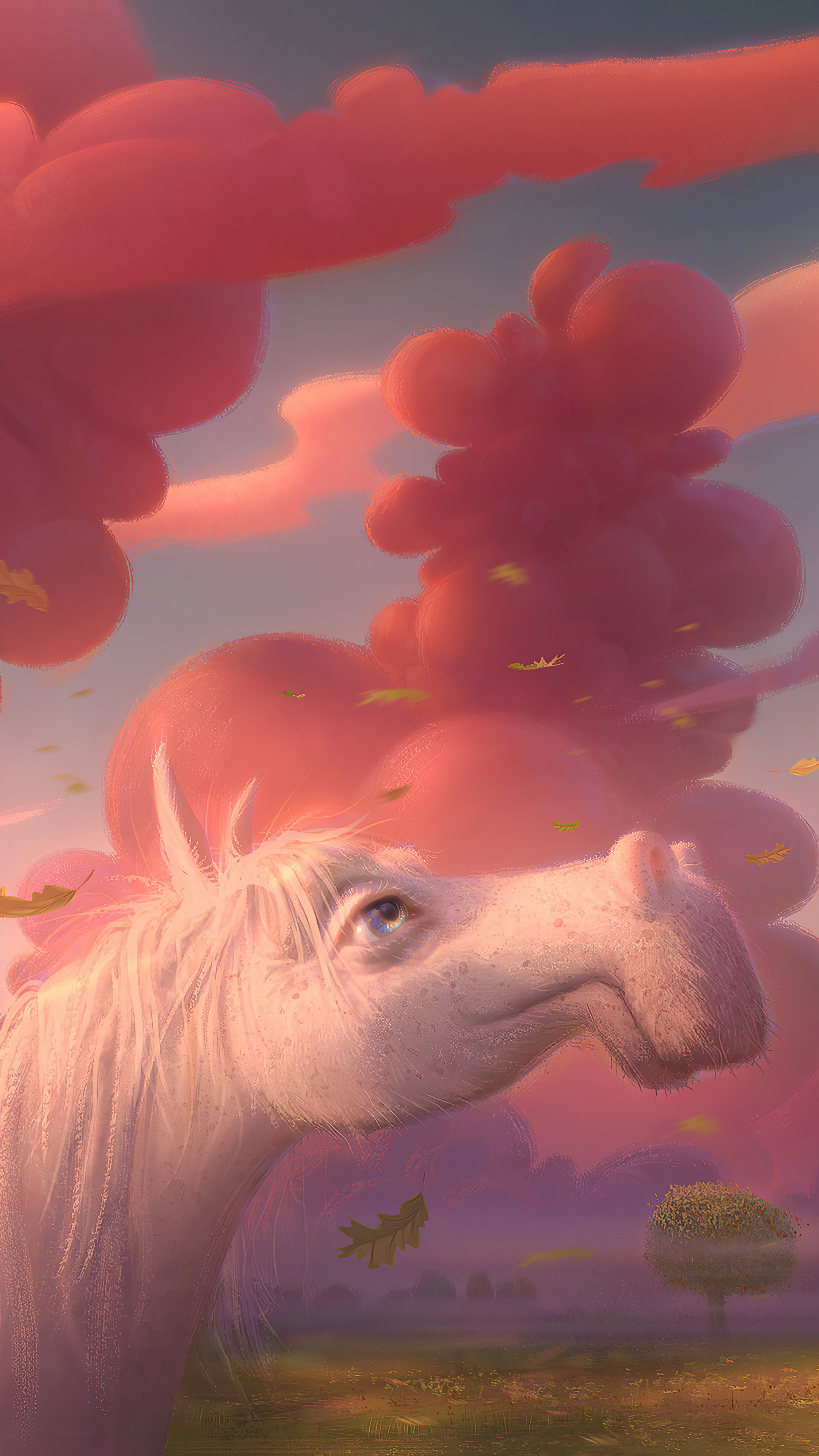 White horse in a field with pink clouds HD Phone Wallpaper