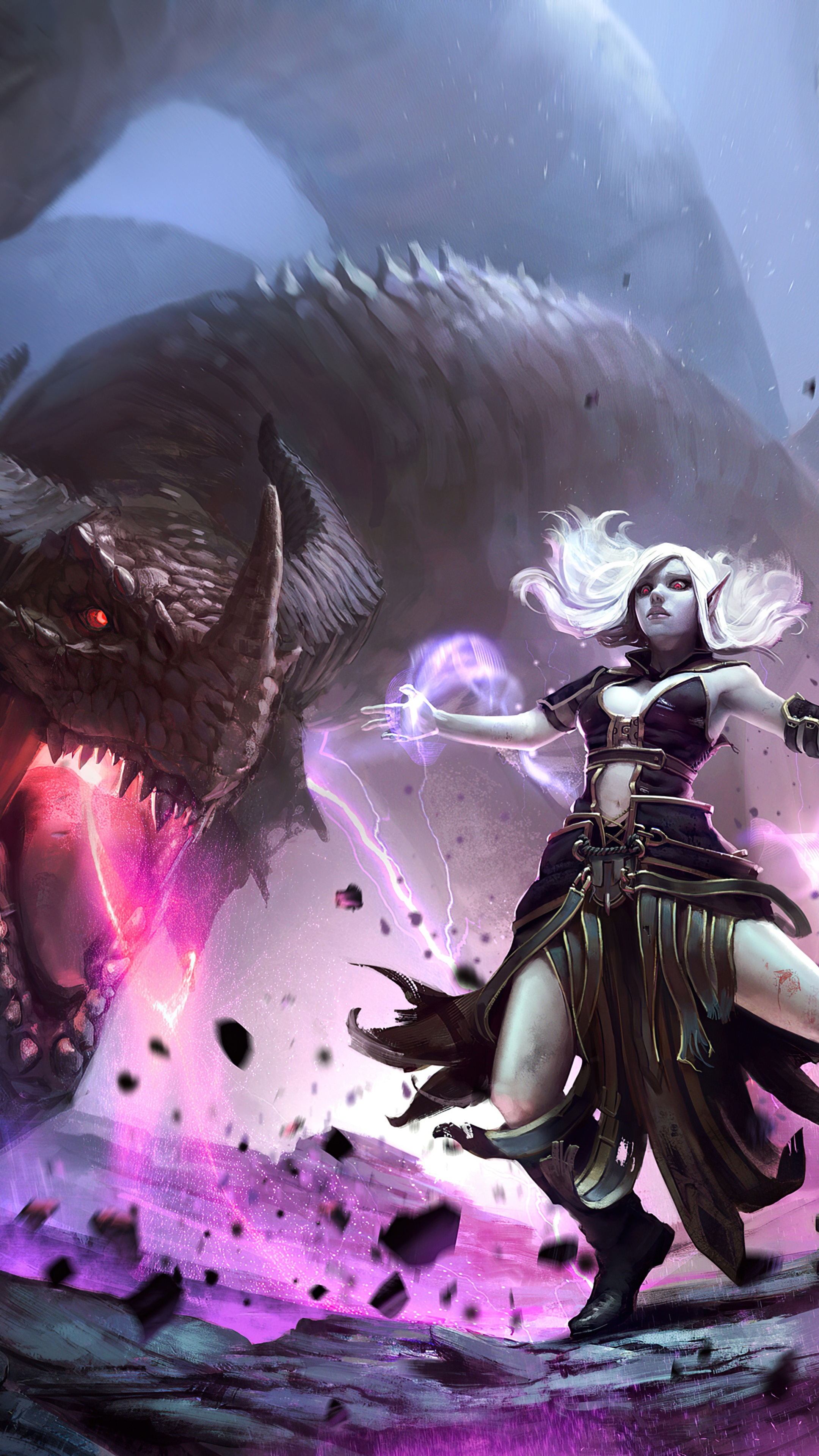 Dragon fighting a sorceress with magic HD Phone Wallpaper