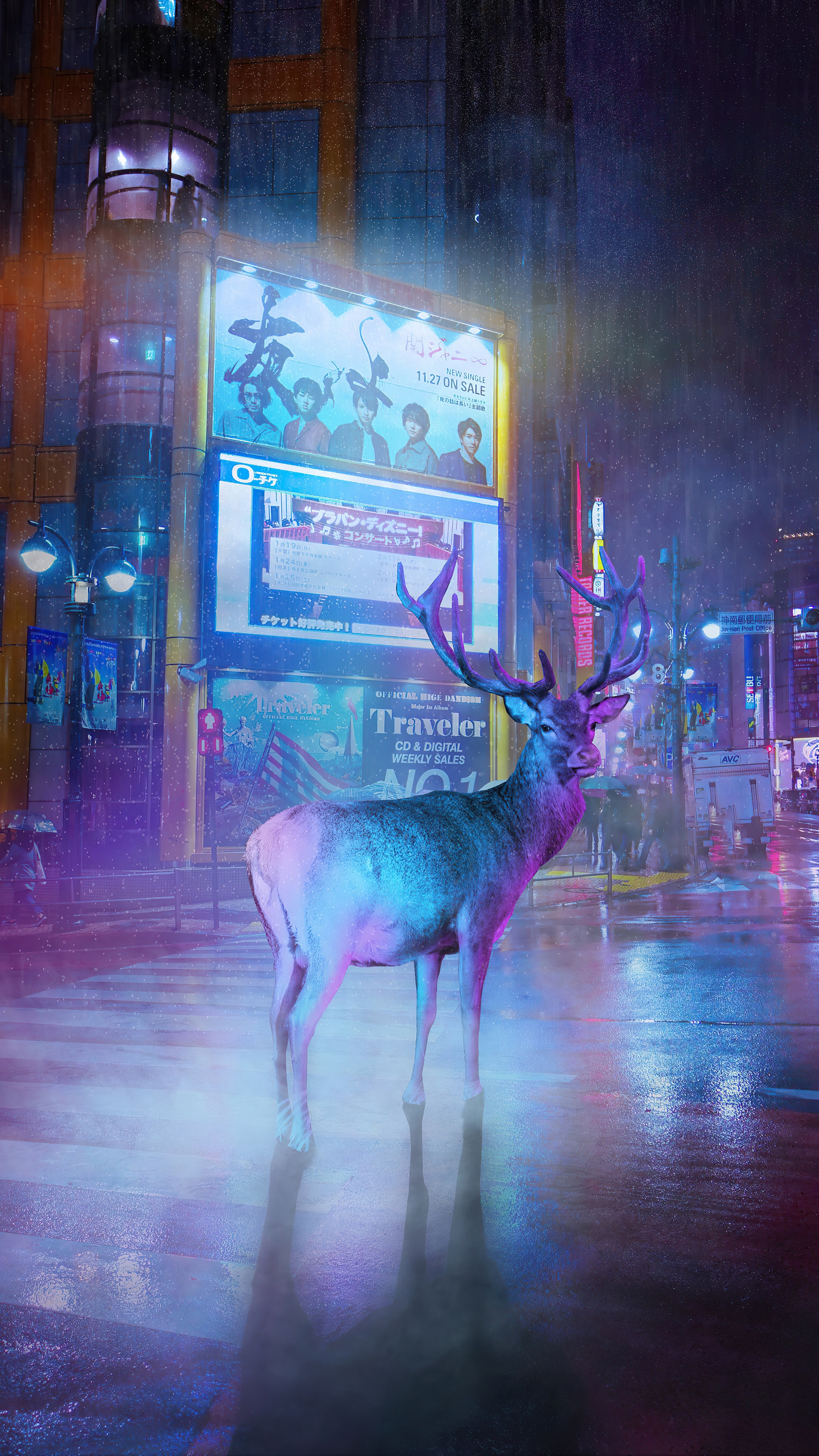 Deer in a neon-lit city street at night HD Phone Wallpaper