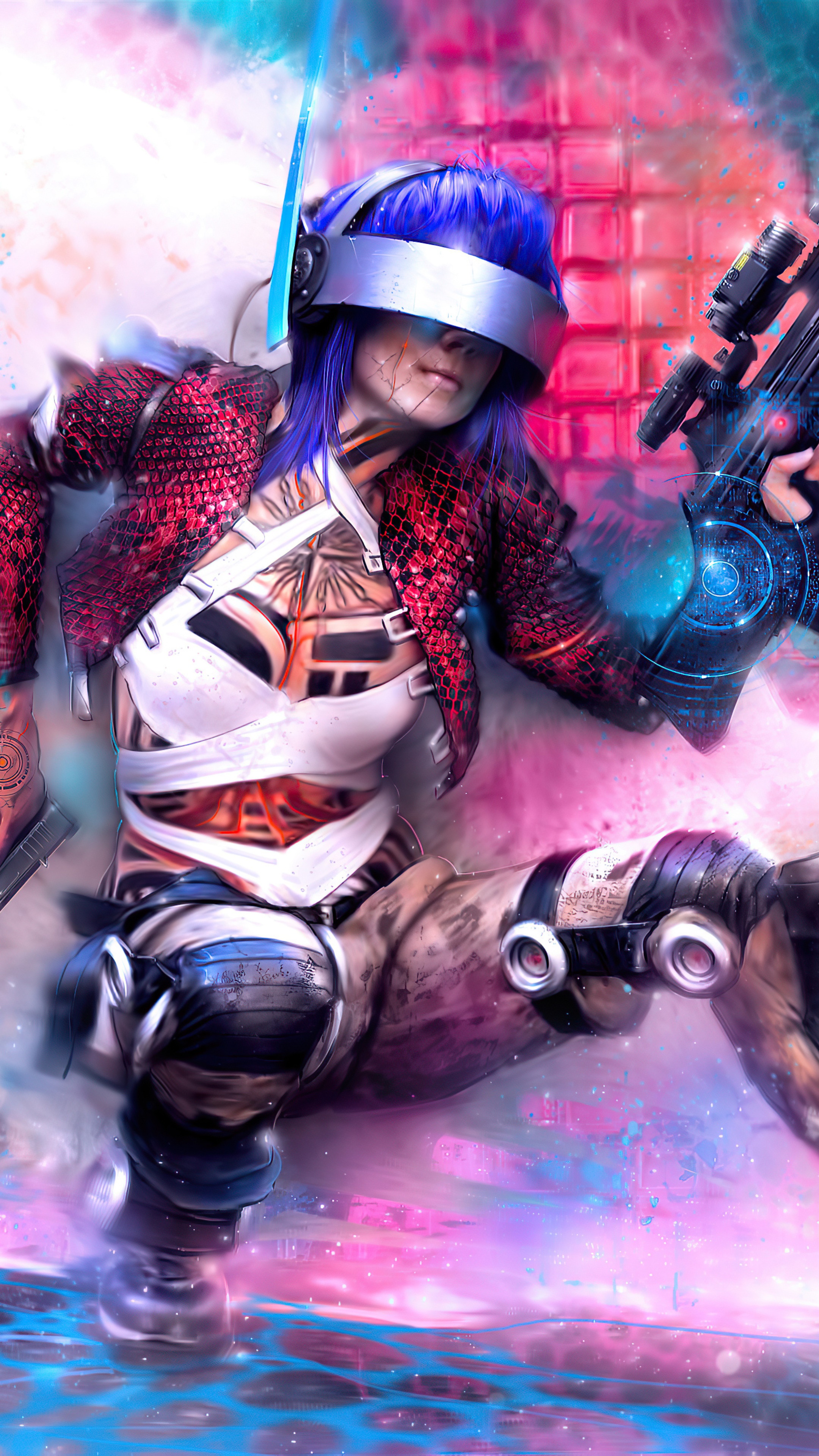 Cyberpunk woman with blue hair and gun HD Phone Wallpaper