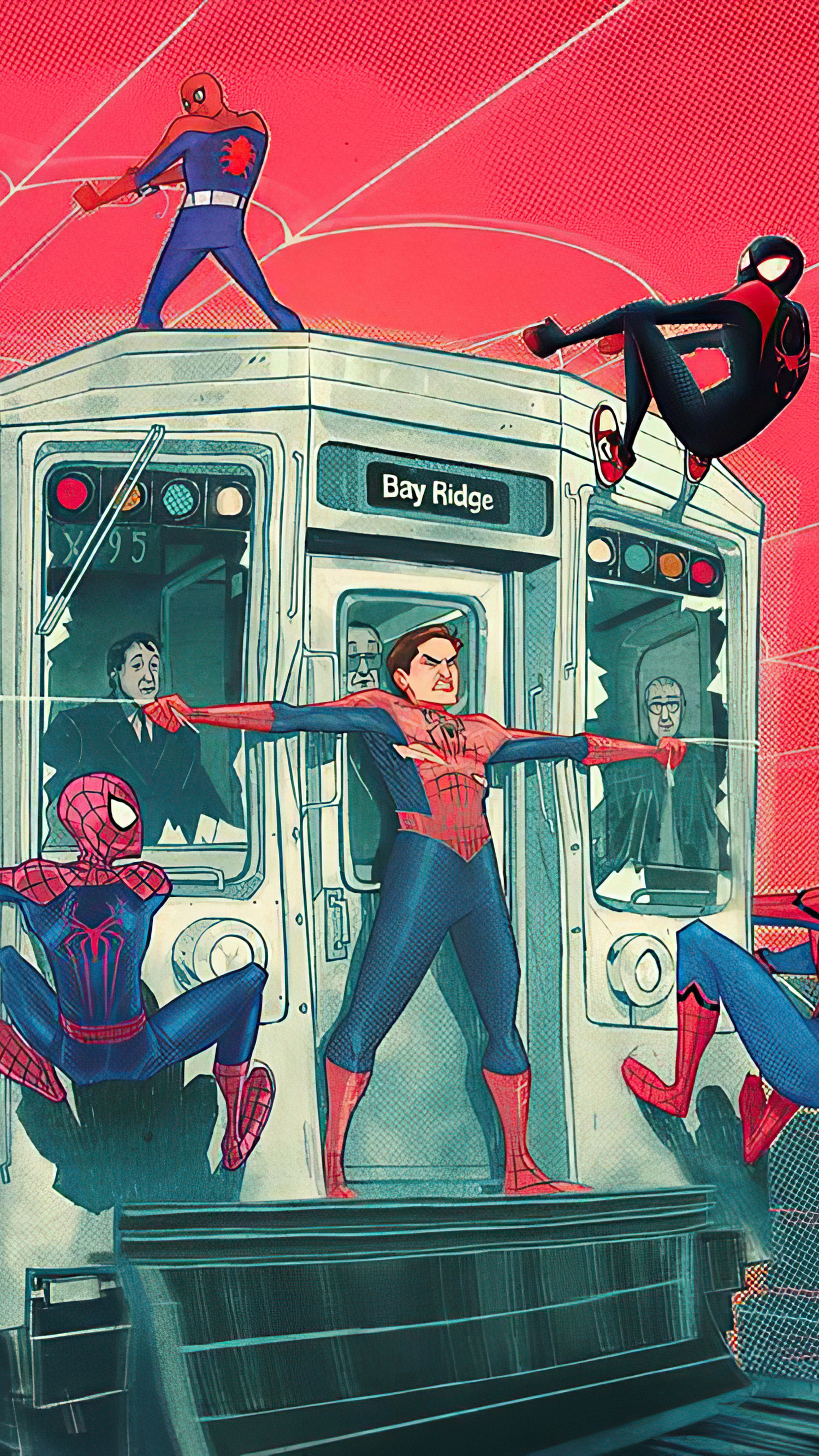Spider-Men on a Bay Ridge Subway Train HD Phone Wallpaper