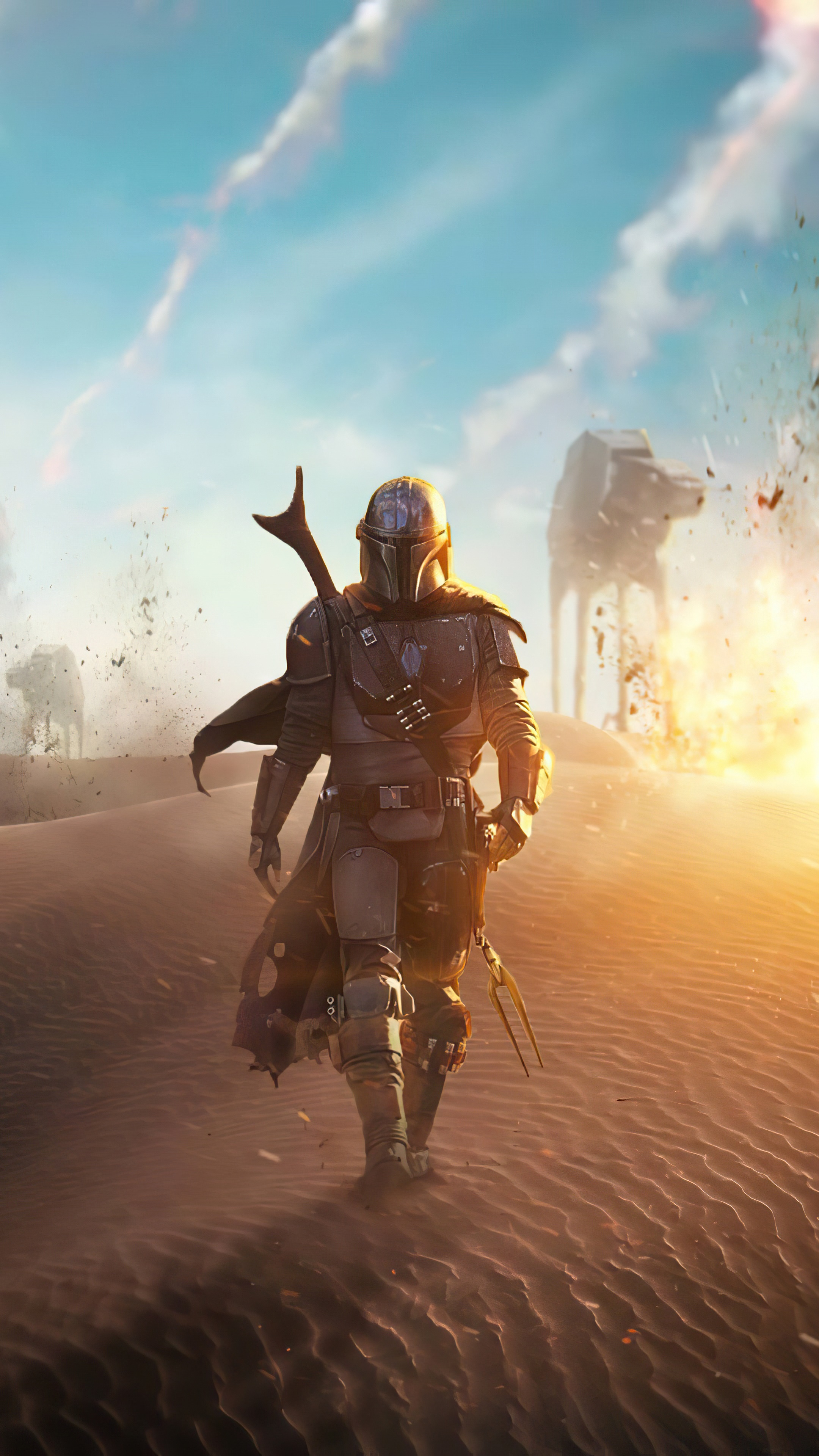 The Mandalorian from Star Wars in a desert HD Phone Wallpaper
