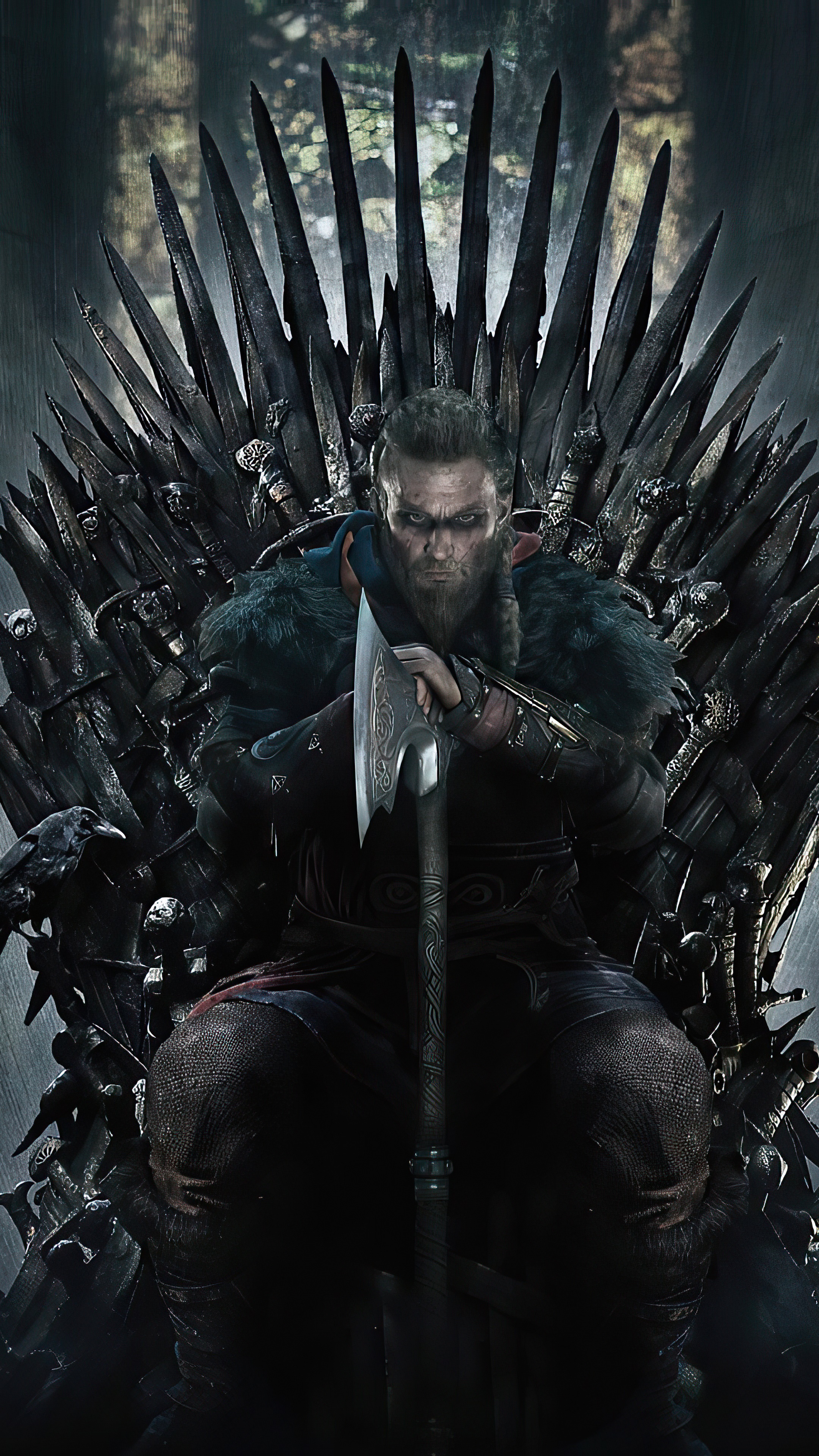 Eivor from Assassin's Creed Valhalla on the Iron Throne HD Phone Wallpaper
