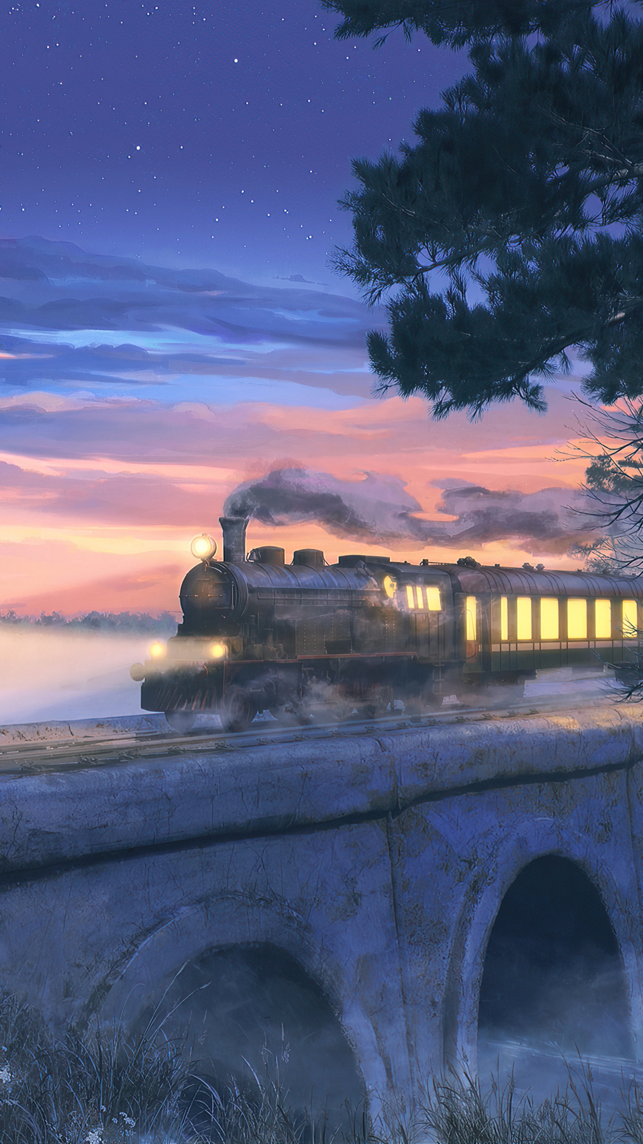 Train crossing a bridge at sunset HD Phone Wallpaper