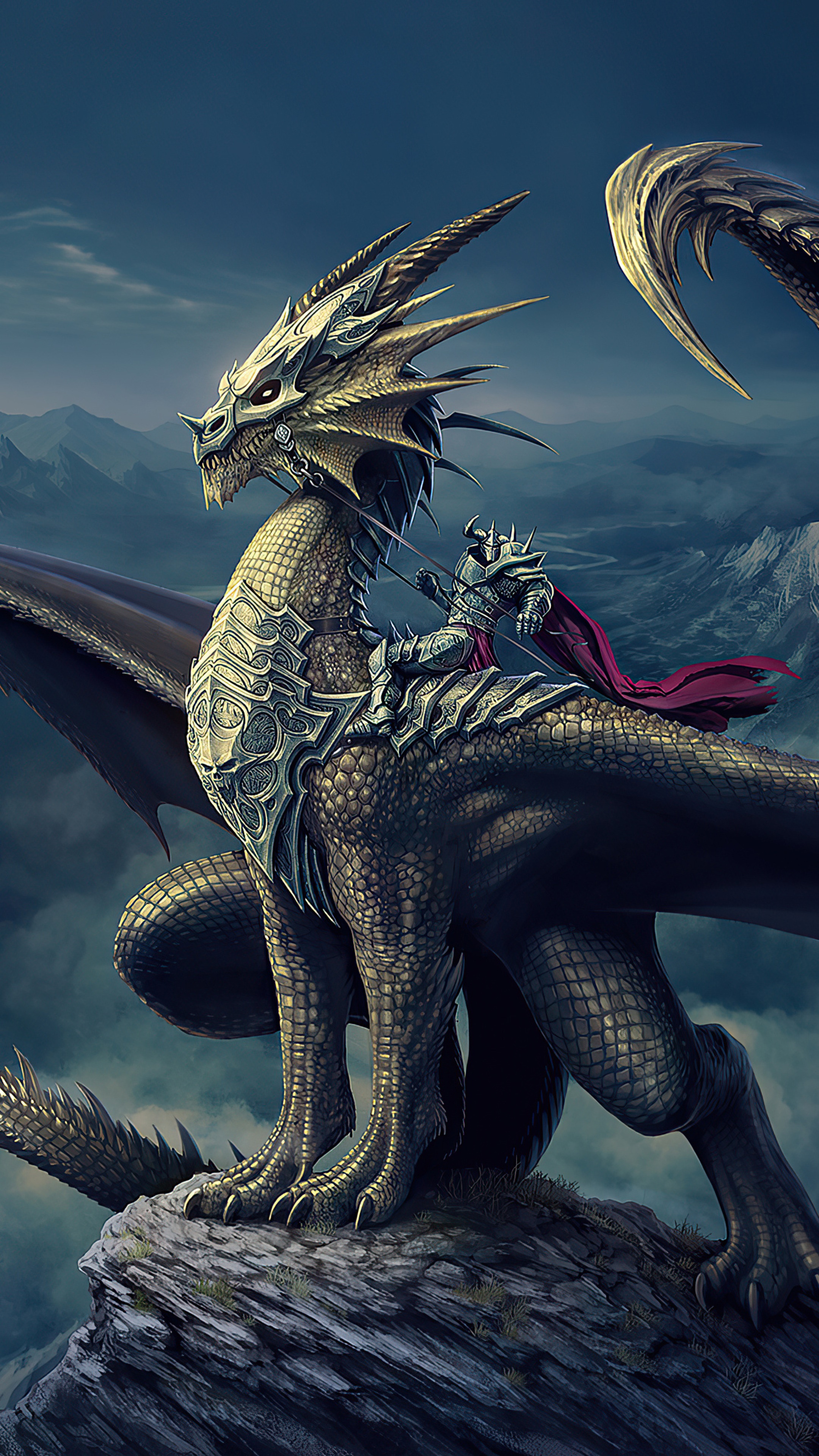 Knight riding a dragon on a mountain peak HD Phone Wallpaper