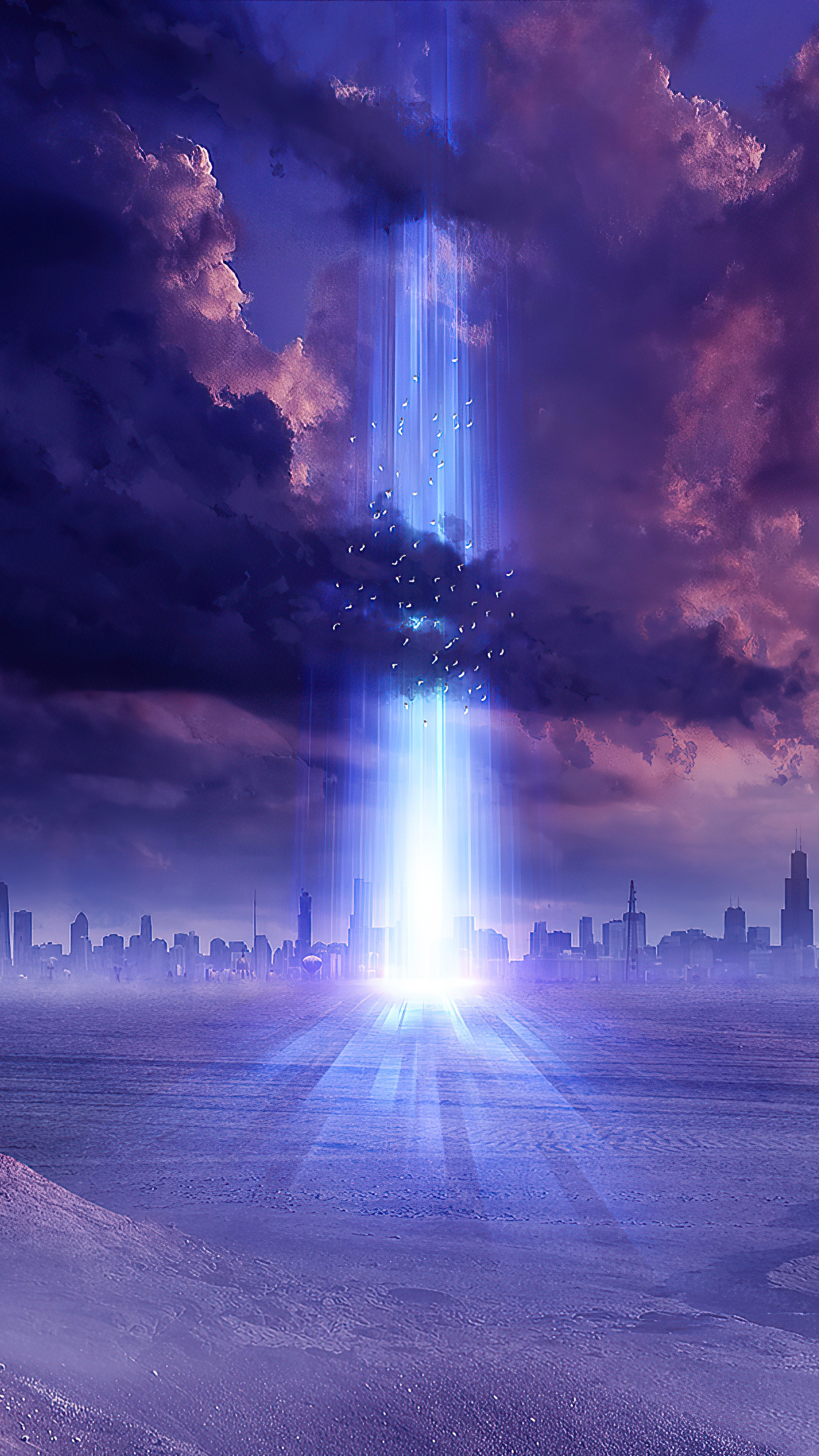 Digital art of a city skyline with a light beam HD Phone Wallpaper