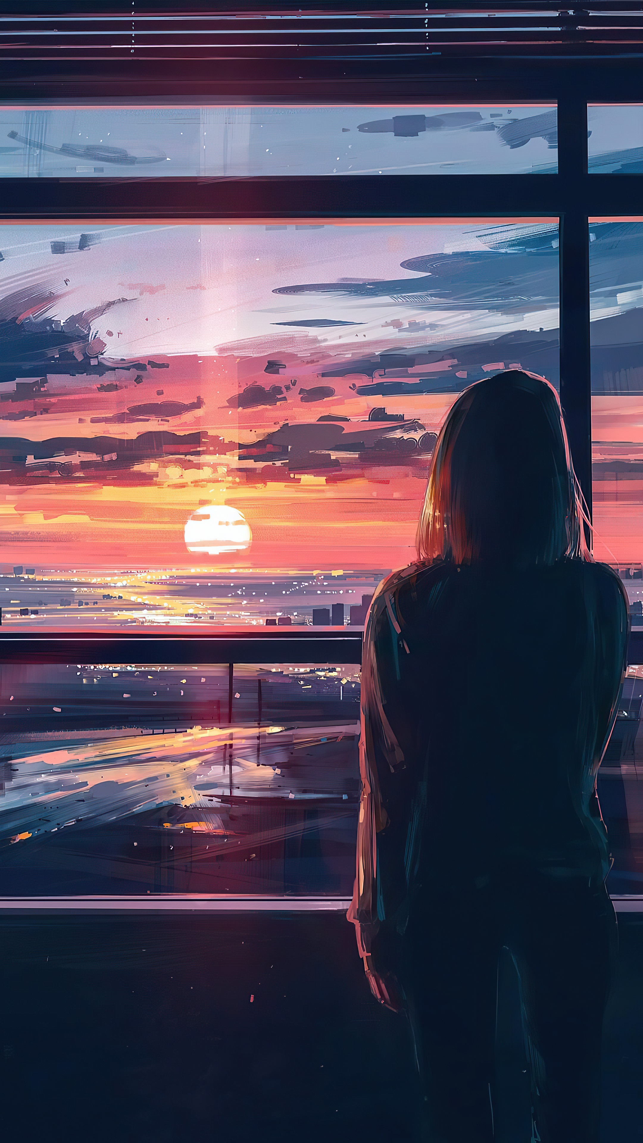 Girl watching sunset over city HD Phone Wallpaper