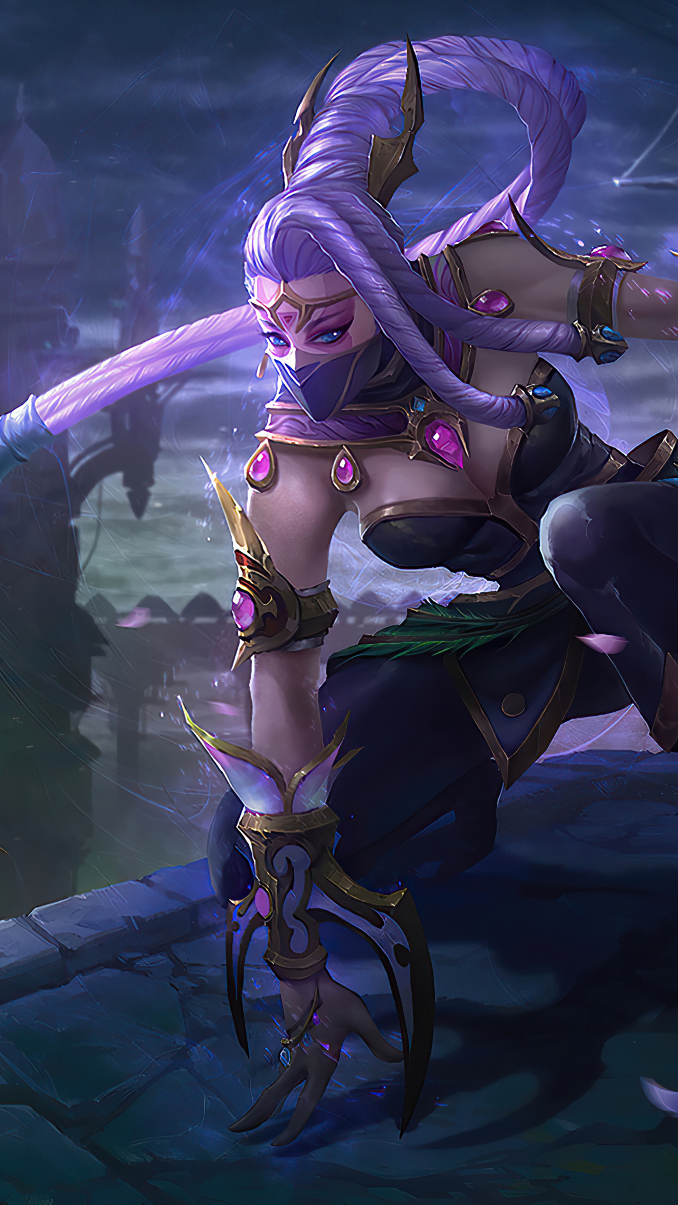 Dota 2 character with purple hair and mask HD Phone Wallpaper