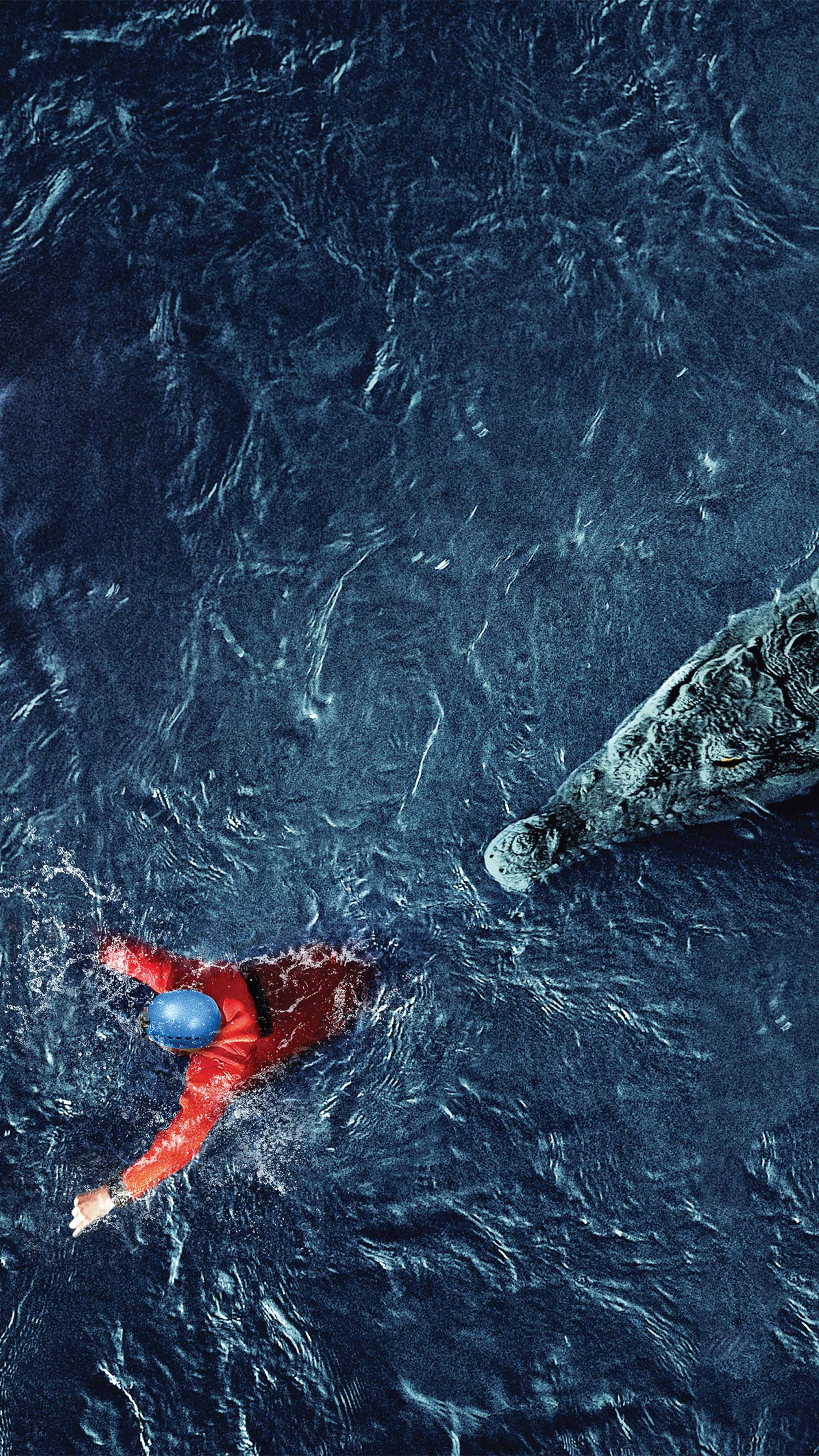 Man swimming near crocodile in dark water 4K HD Phone Wallpaper